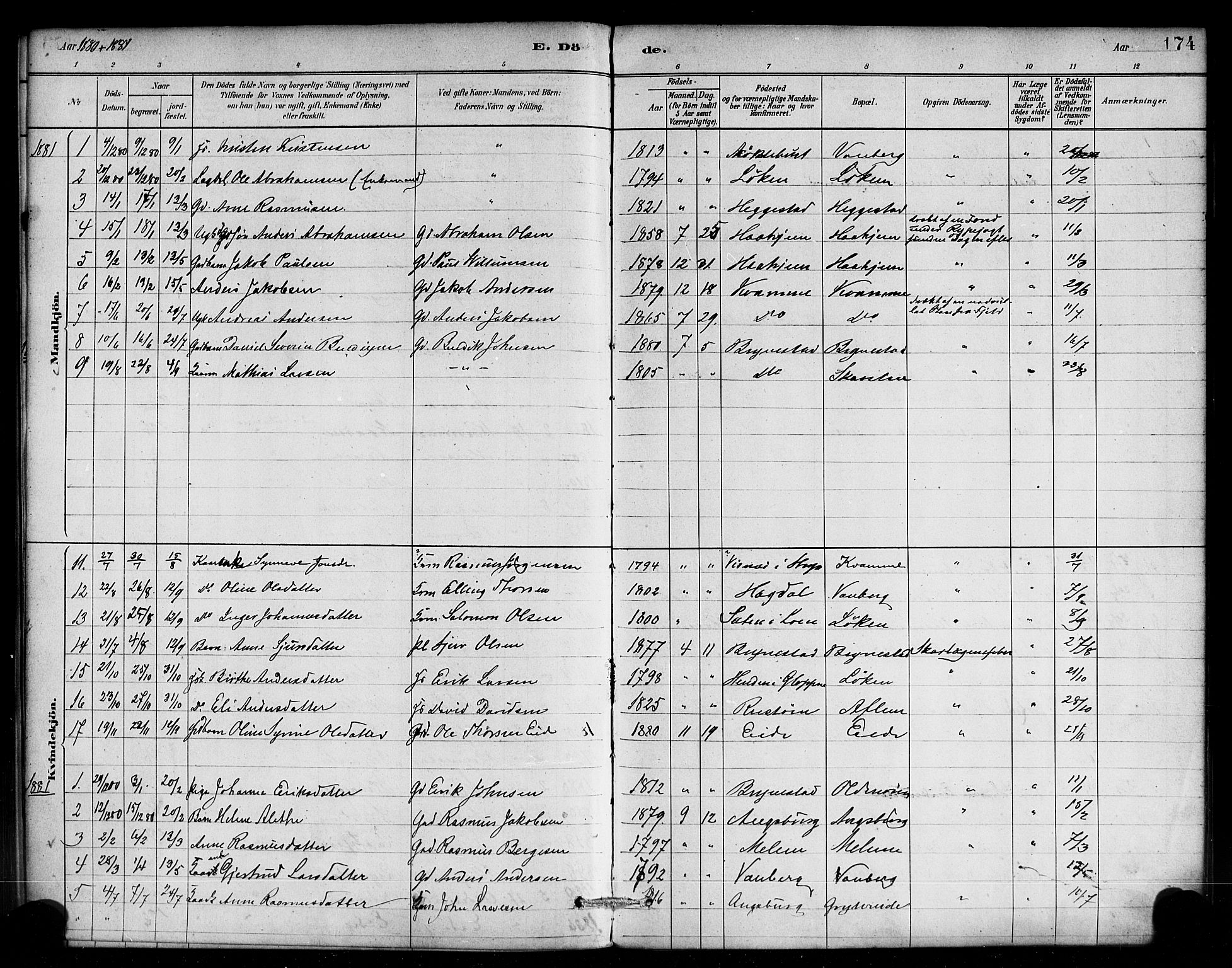 Innvik sokneprestembete, AV/SAB-A-80501: Parish register (official) no. C 1, 1879-1900, p. 174