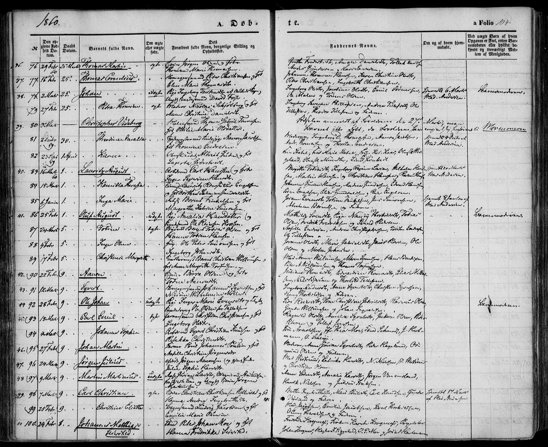 Kristiansand domprosti, AV/SAK-1112-0006/F/Fa/L0014: Parish register (official) no. A 14, 1852-1867, p. 104