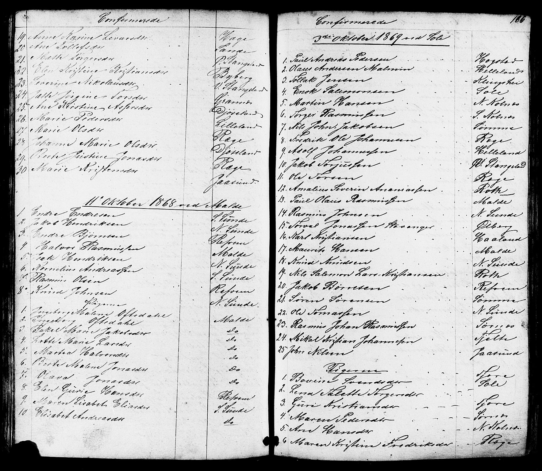 Håland sokneprestkontor, AV/SAST-A-101802/001/30BB/L0002: Parish register (copy) no. B 2, 1845-1872, p. 186