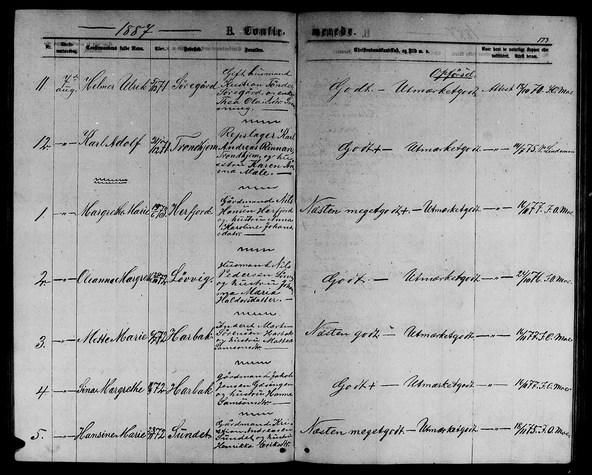 Ministerialprotokoller, klokkerbøker og fødselsregistre - Sør-Trøndelag, AV/SAT-A-1456/656/L0695: Parish register (copy) no. 656C01, 1867-1889, p. 173