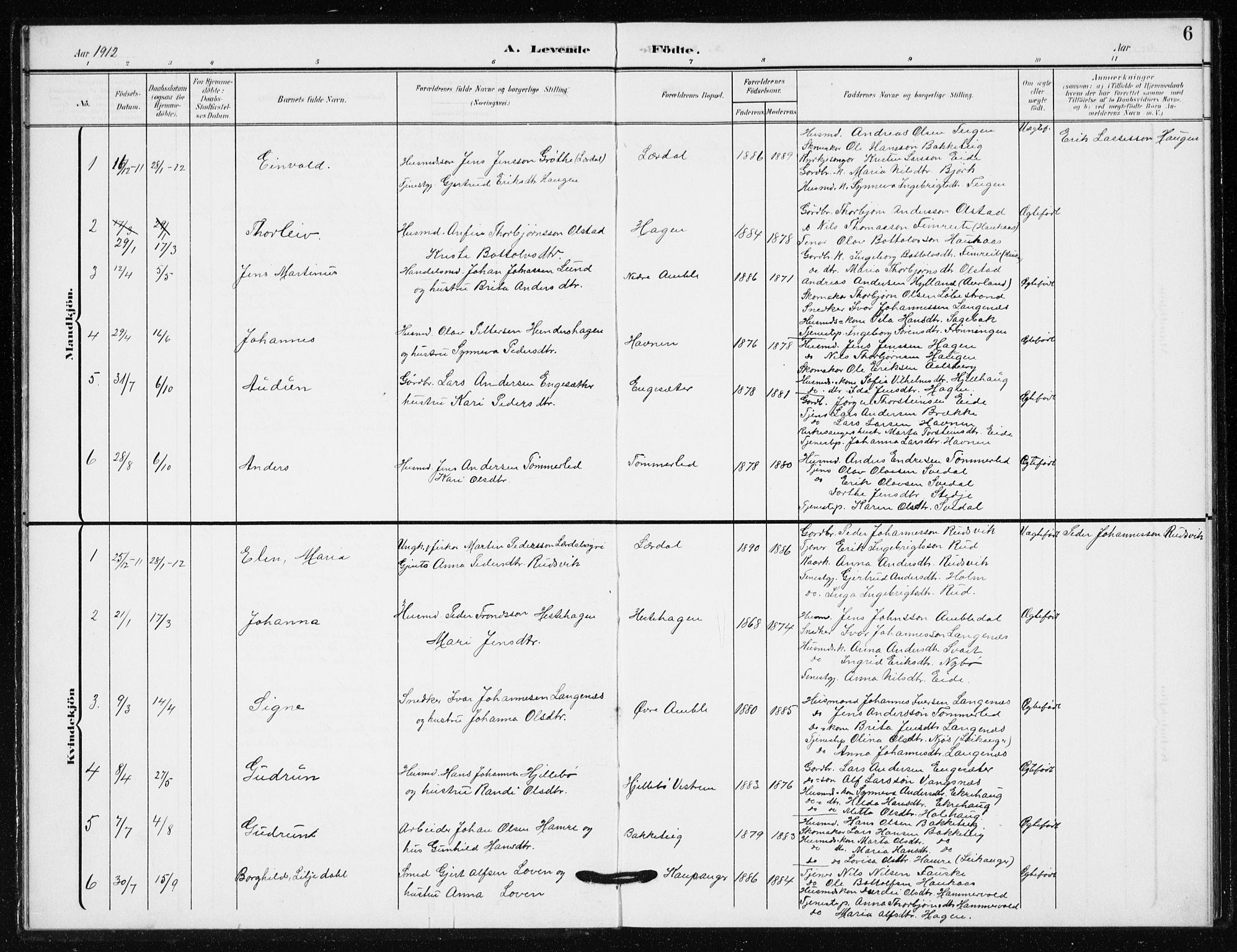 Sogndal sokneprestembete, AV/SAB-A-81301/H/Hab/Habb/L0002: Parish register (copy) no. B 2, 1908-1933, p. 6