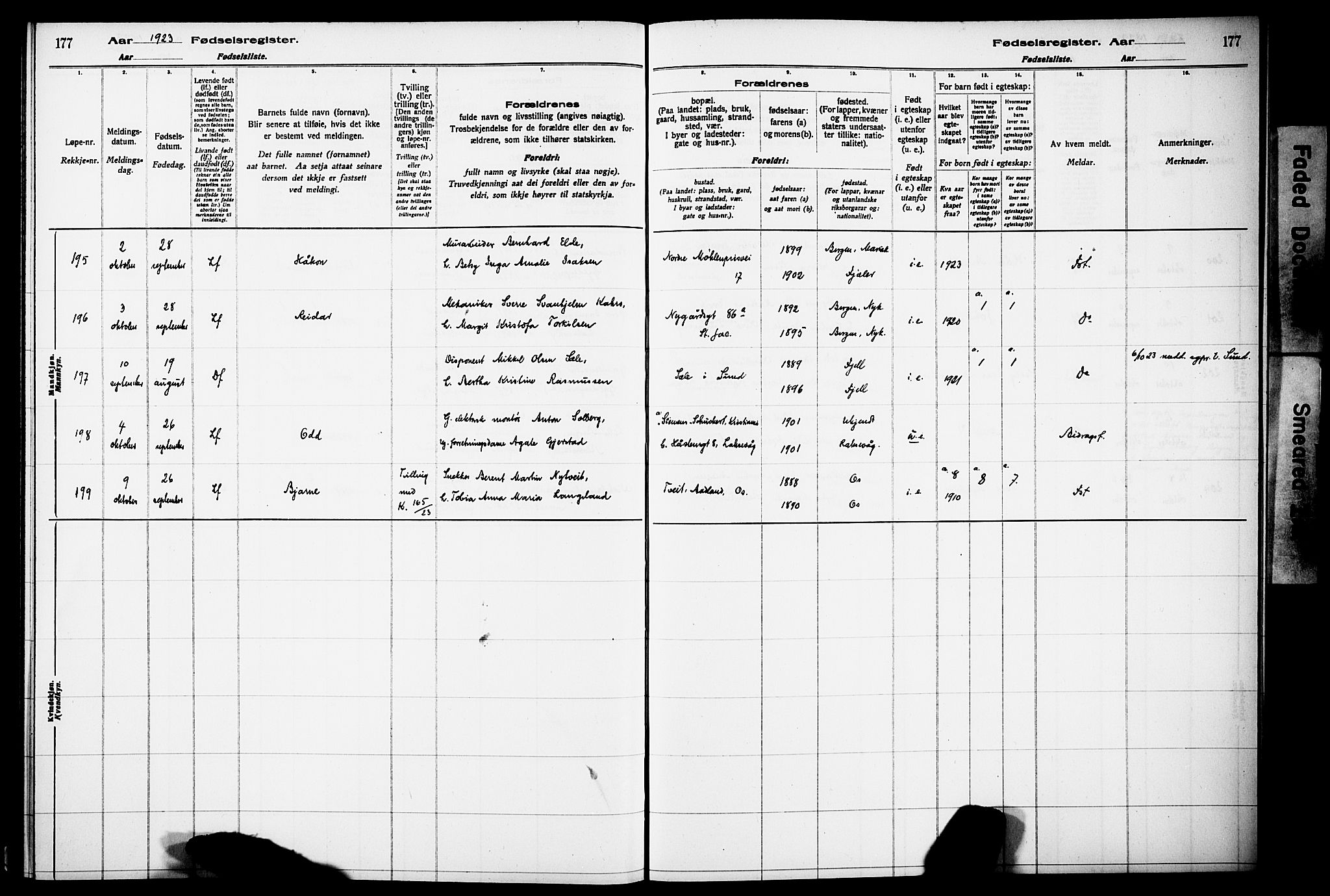 Kvinneklinikken, SAB/A-76301/F/L0A02: Birth register no. A 2, 1920-1924, p. 177