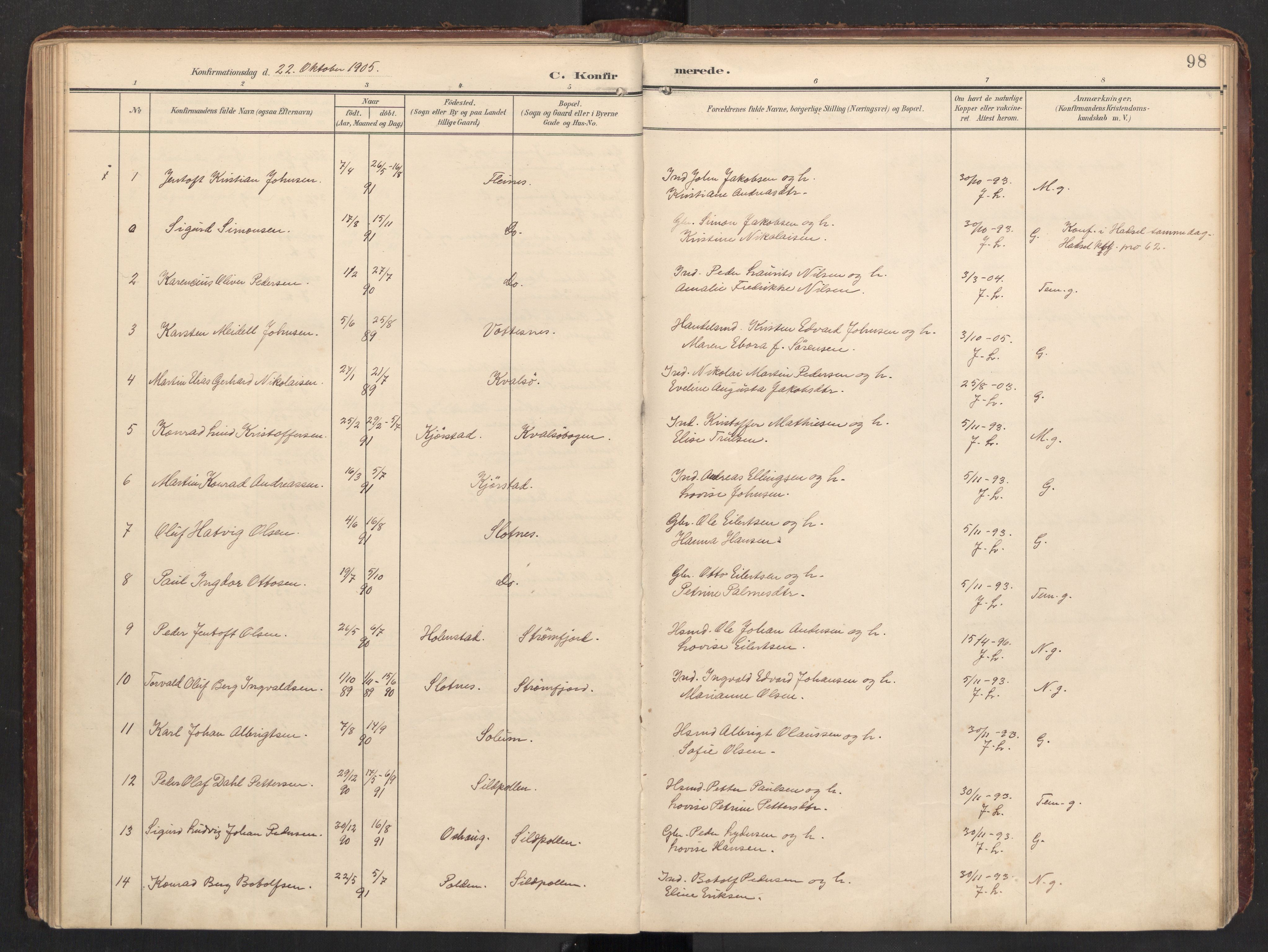 Ministerialprotokoller, klokkerbøker og fødselsregistre - Nordland, AV/SAT-A-1459/890/L1287: Parish register (official) no. 890A02, 1903-1915, p. 98