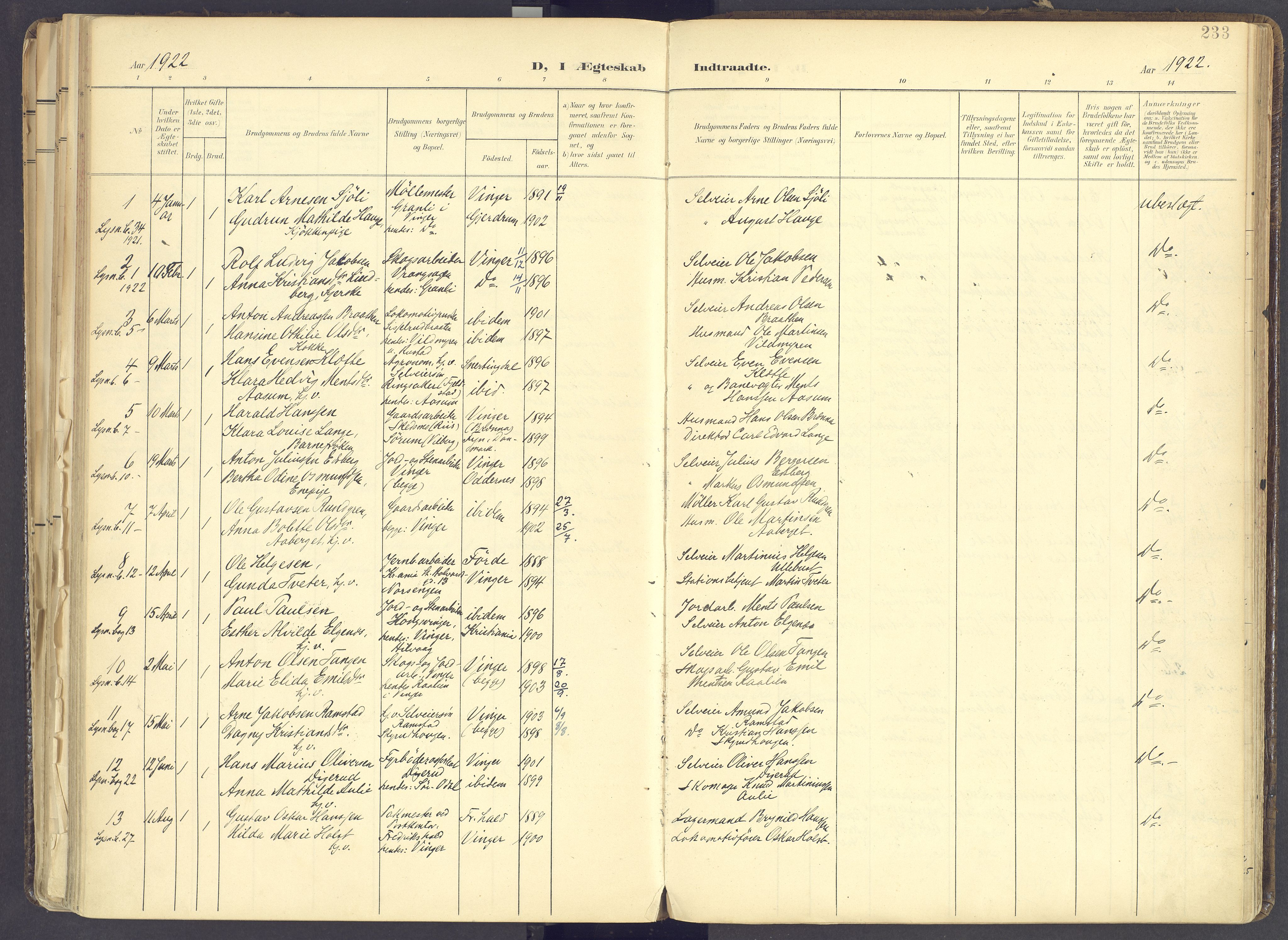 Vinger prestekontor, AV/SAH-PREST-024/H/Ha/Haa/L0017: Parish register (official) no. 17, 1901-1927, p. 233