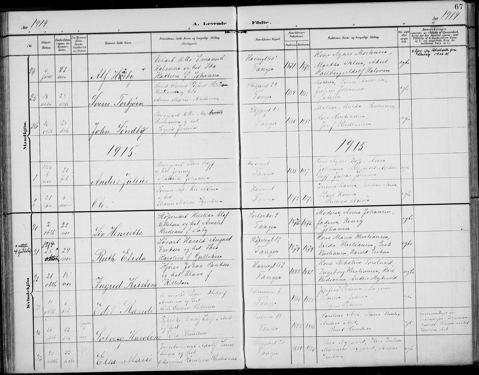 Strømsø kirkebøker, AV/SAKO-A-246/F/Fb/L0008: Parish register (official) no. II 8, 1902-1933, p. 67