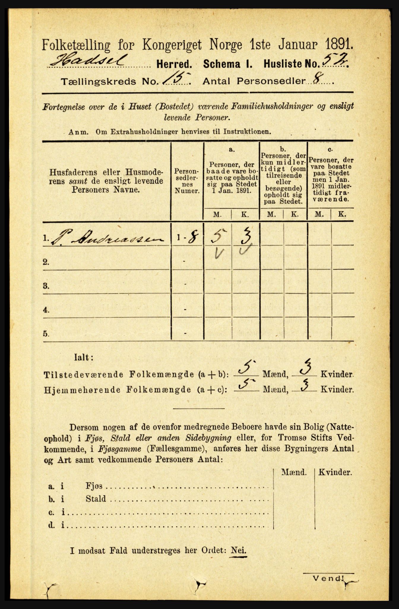 RA, 1891 census for 1866 Hadsel, 1891, p. 6815
