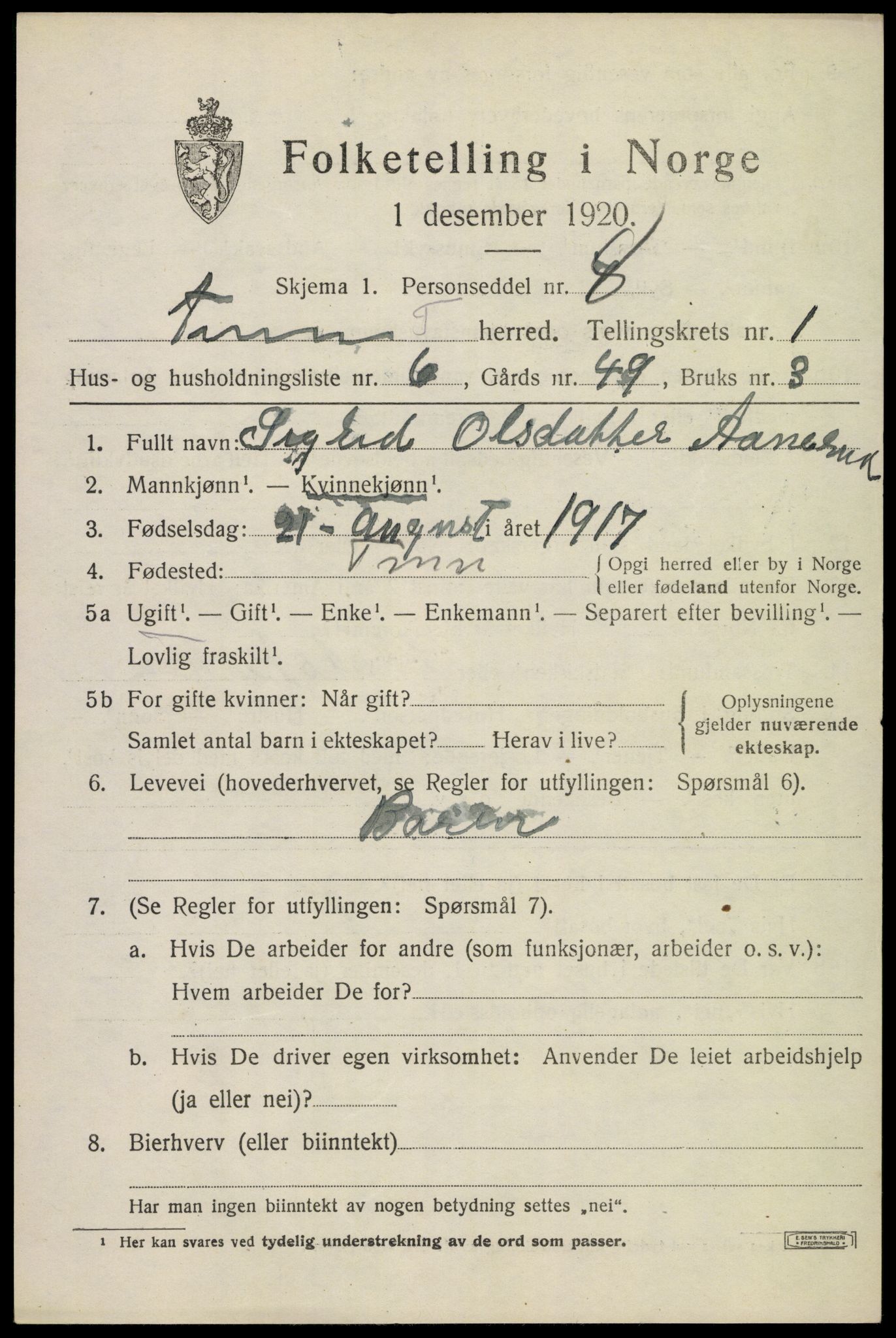 SAKO, 1920 census for Tinn, 1920, p. 2752