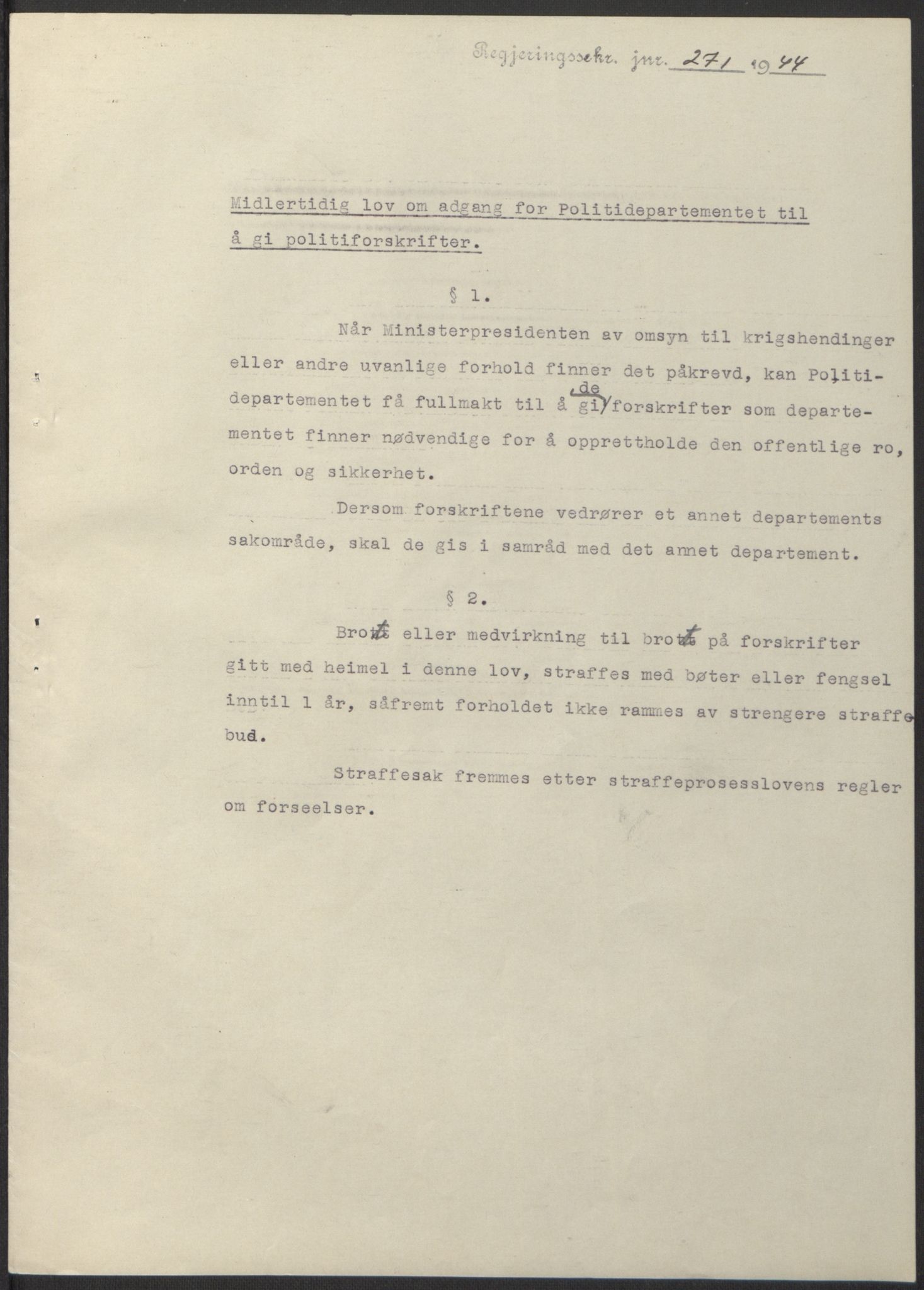 NS-administrasjonen 1940-1945 (Statsrådsekretariatet, de kommisariske statsråder mm), AV/RA-S-4279/D/Db/L0100: Lover, 1944, p. 523