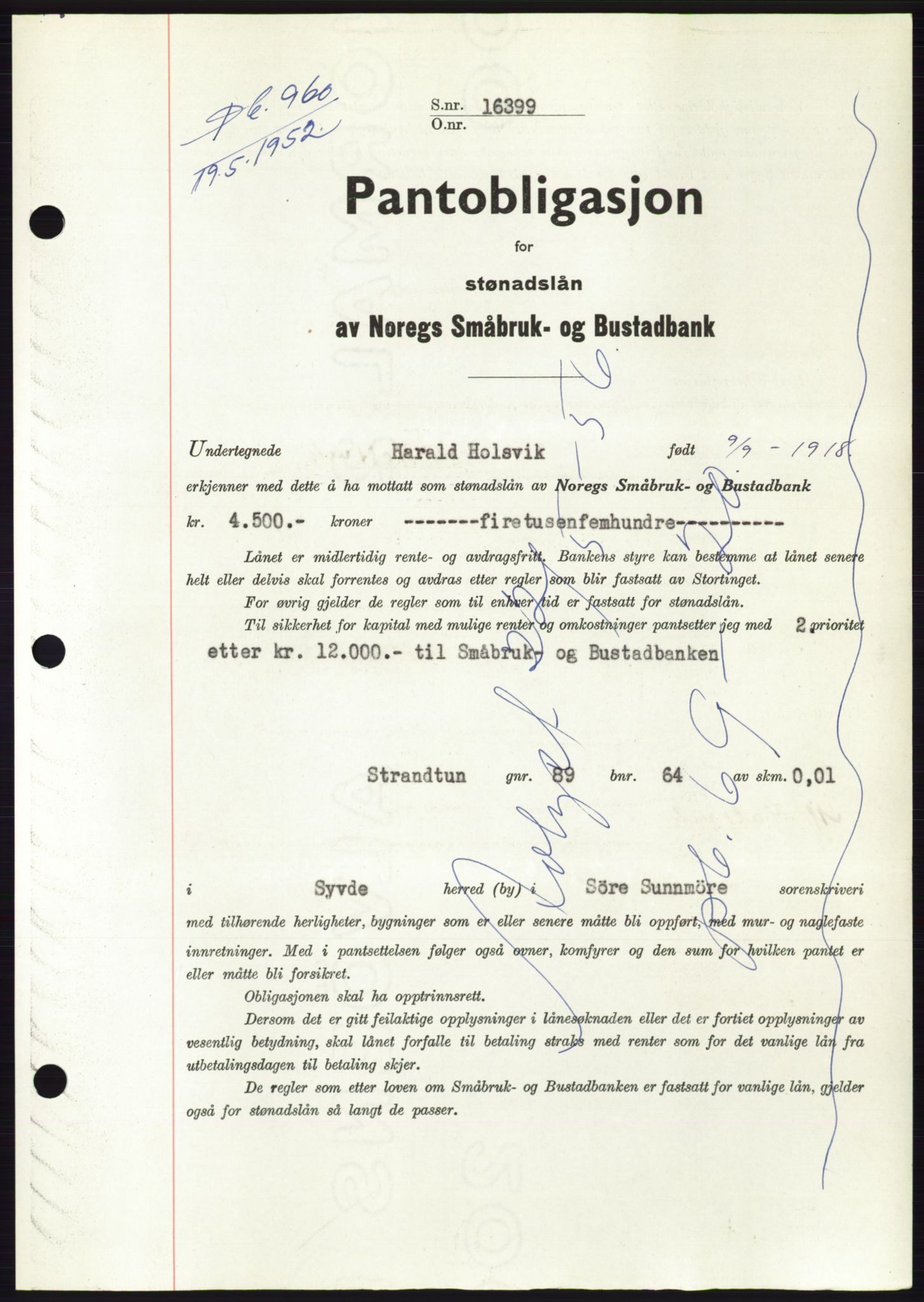 Søre Sunnmøre sorenskriveri, AV/SAT-A-4122/1/2/2C/L0121: Mortgage book no. 9B, 1951-1952, Diary no: : 960/1952