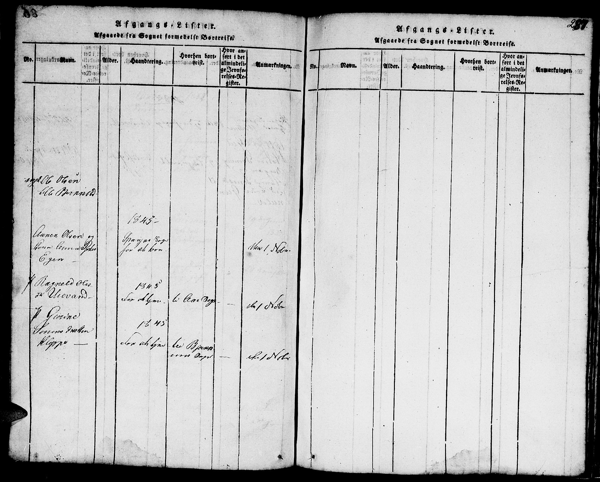 Hægebostad sokneprestkontor, SAK/1111-0024/F/Fb/Fbb/L0001: Parish register (copy) no. B 1, 1816-1850, p. 287