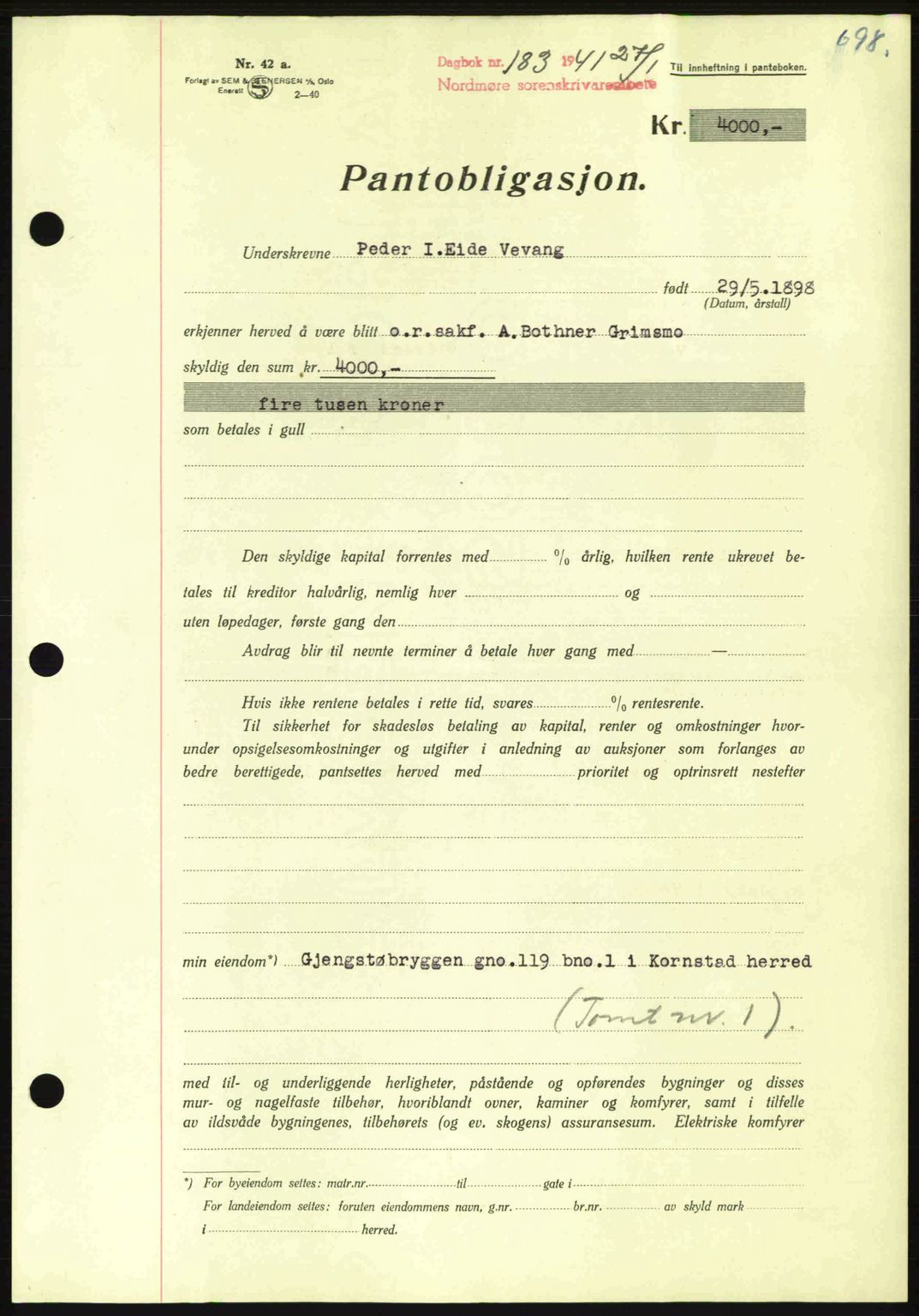 Nordmøre sorenskriveri, AV/SAT-A-4132/1/2/2Ca: Mortgage book no. B87, 1940-1941, Diary no: : 183/1941