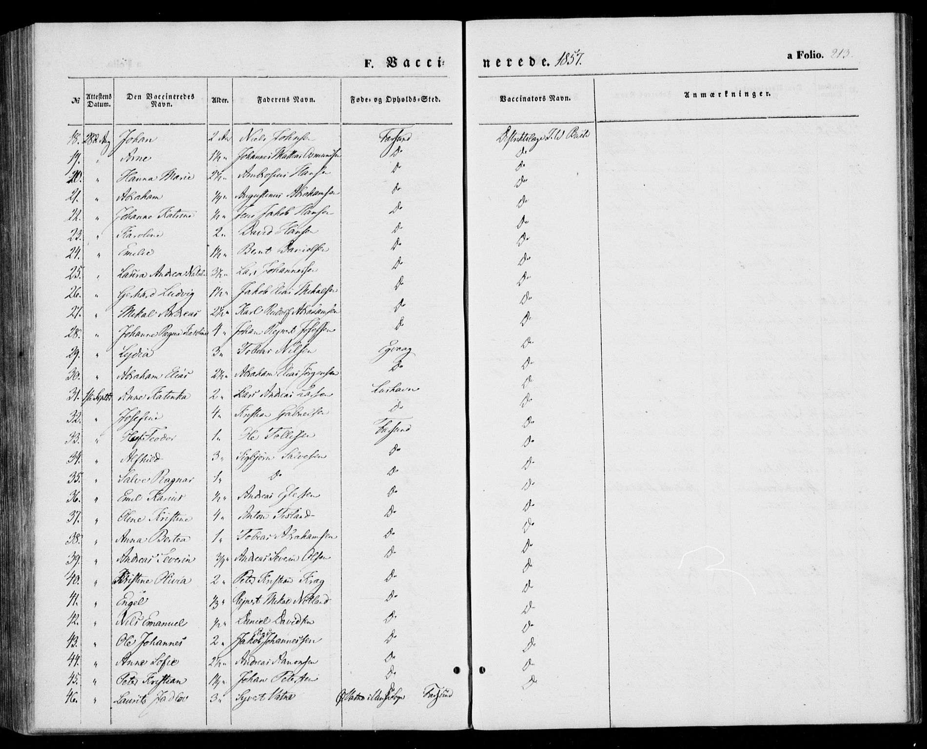 Farsund sokneprestkontor, AV/SAK-1111-0009/F/Fa/L0004: Parish register (official) no. A 4, 1847-1863, p. 213