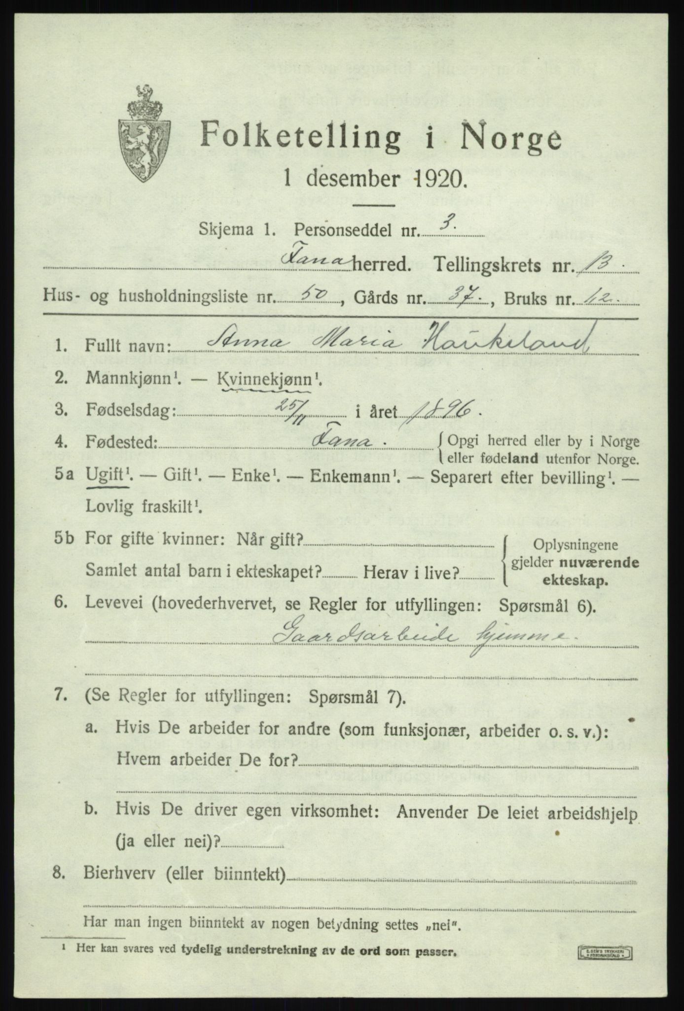 SAB, 1920 census for Fana, 1920, p. 20311