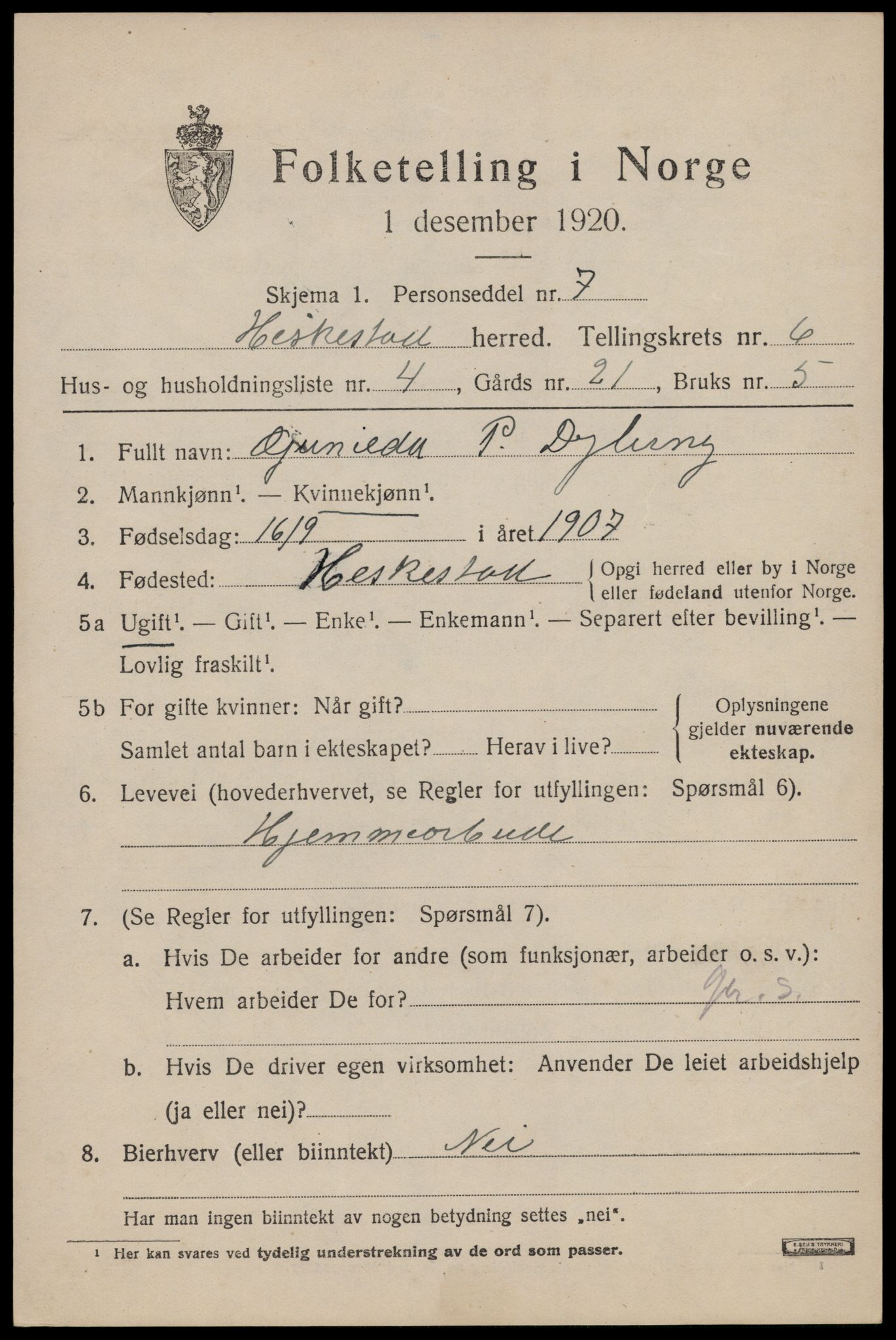 SAST, 1920 census for Heskestad, 1920, p. 2037