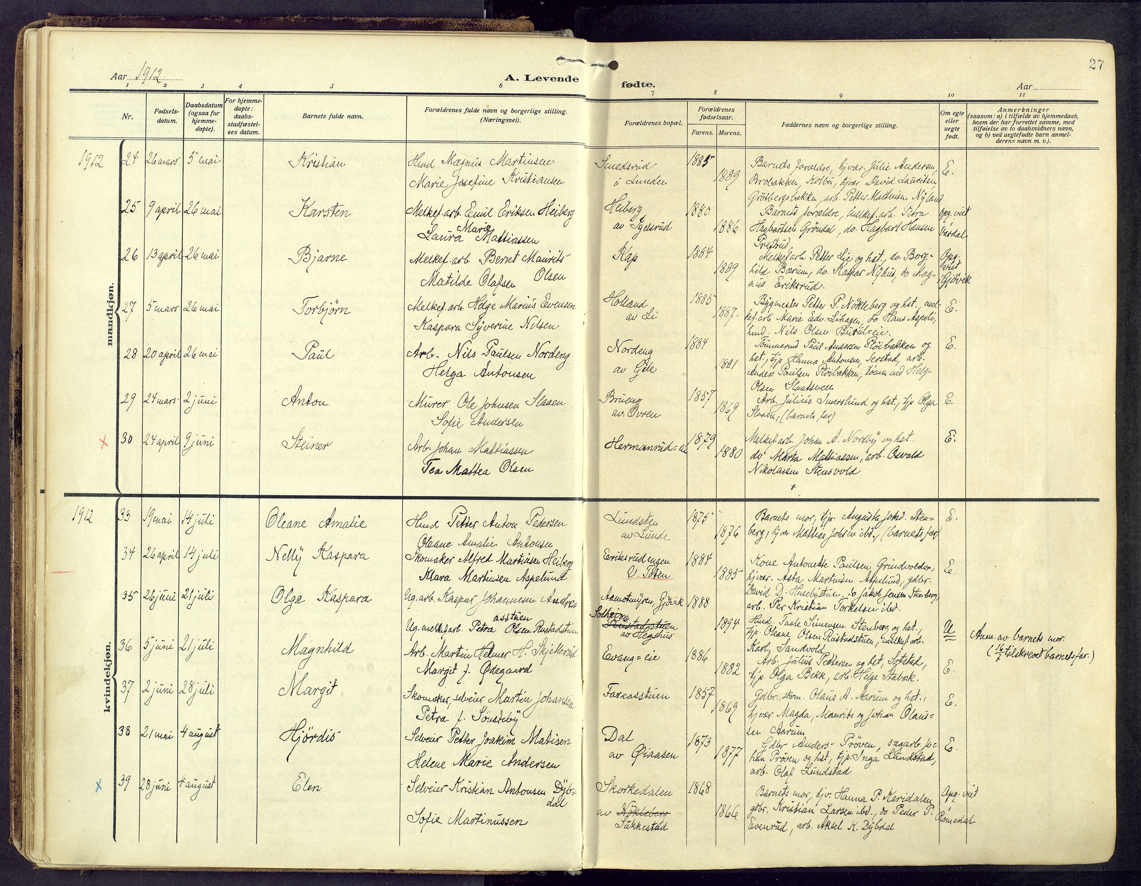 Østre Toten prestekontor, AV/SAH-PREST-104/H/Ha/Haa/L0010: Parish register (official) no. 10, 1910-1920, p. 27