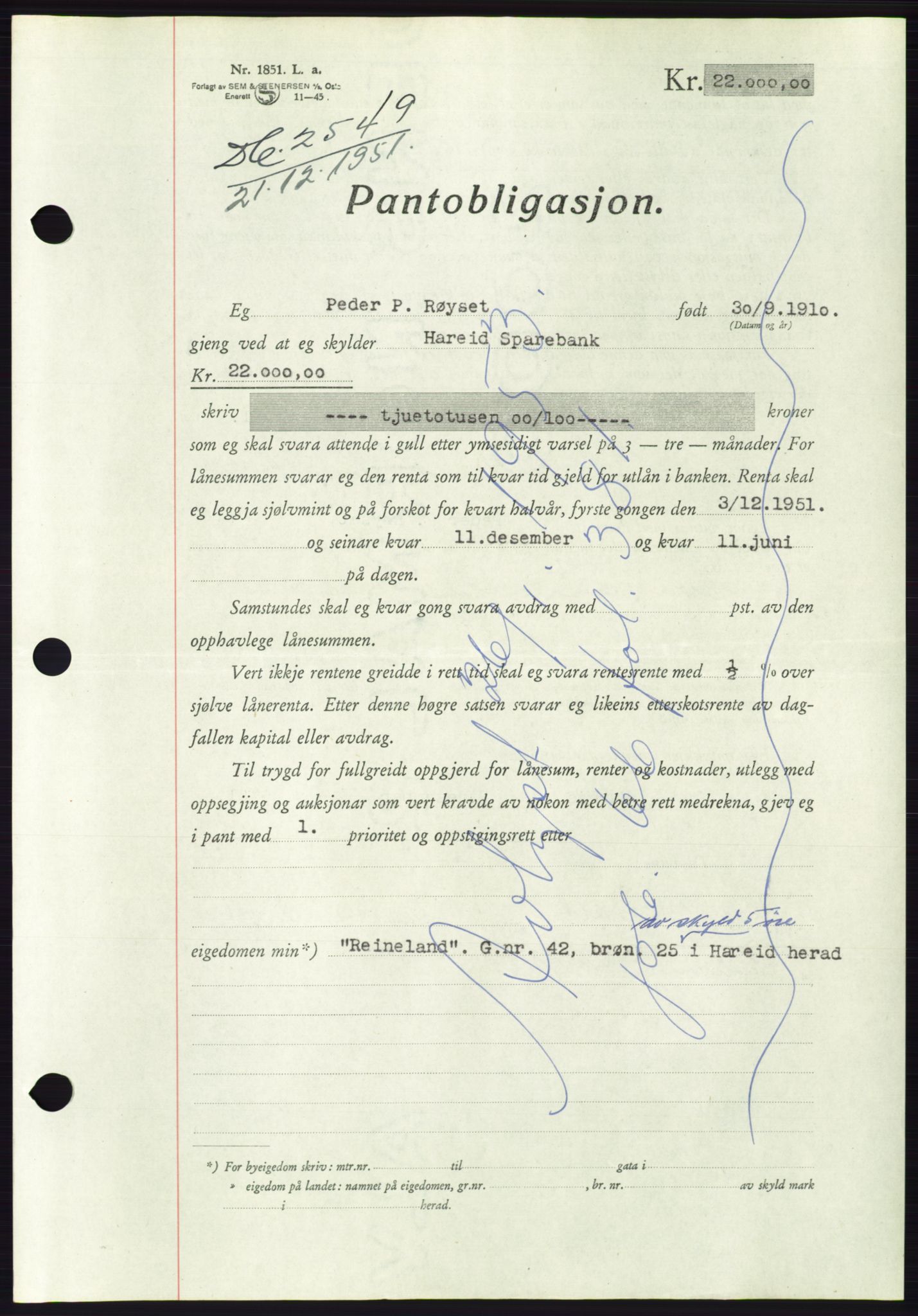 Søre Sunnmøre sorenskriveri, AV/SAT-A-4122/1/2/2C/L0121: Mortgage book no. 9B, 1951-1952, Diary no: : 2549/1951