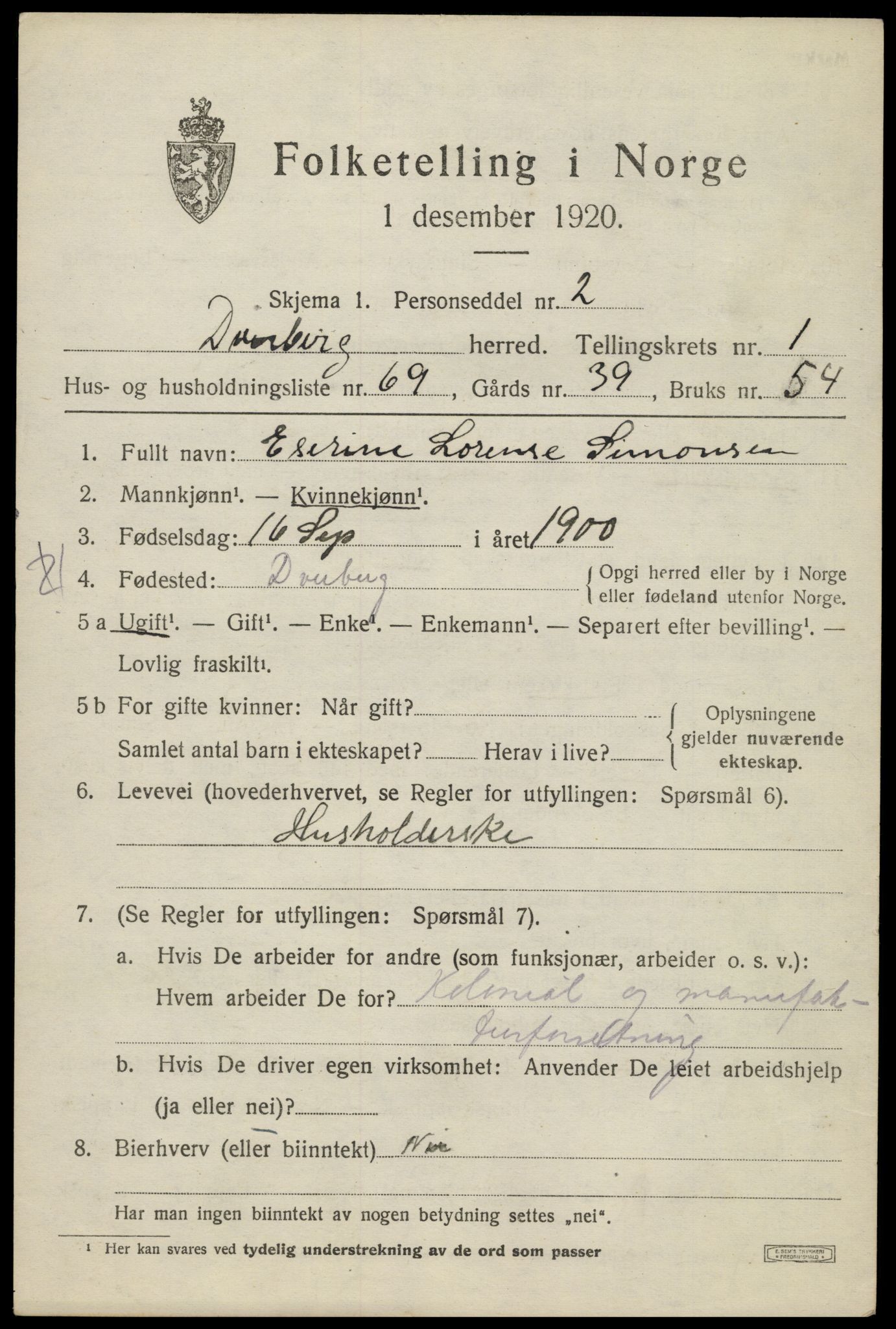 SAT, 1920 census for Dverberg, 1920, p. 2688