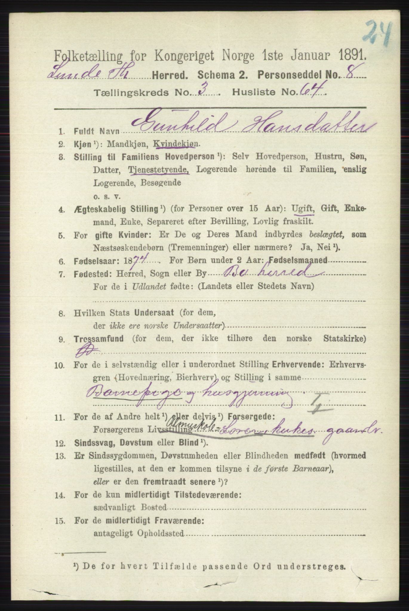 RA, 1891 census for 0820 Lunde, 1891, p. 1100