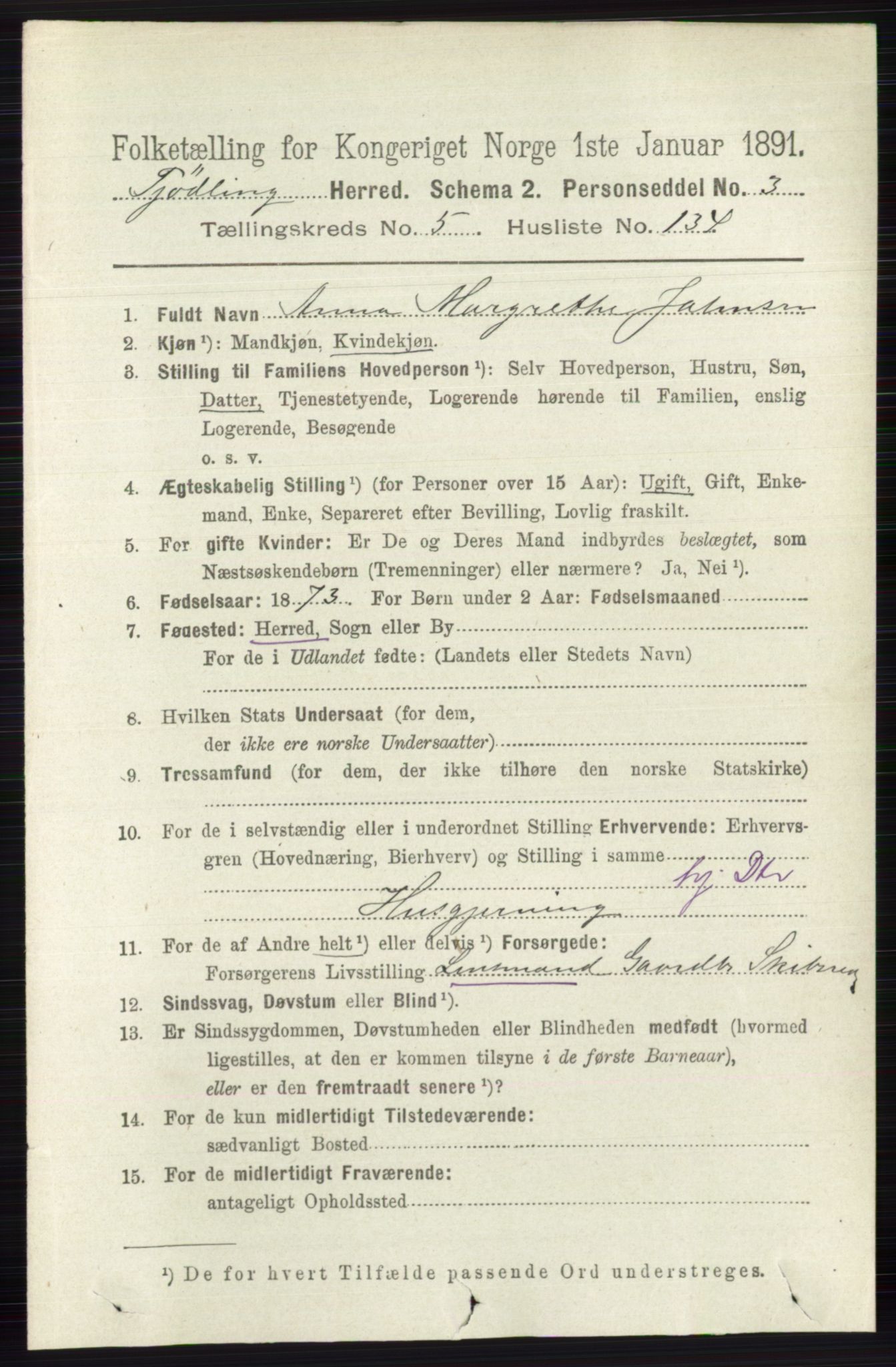 RA, 1891 census for 0725 Tjølling, 1891, p. 2790