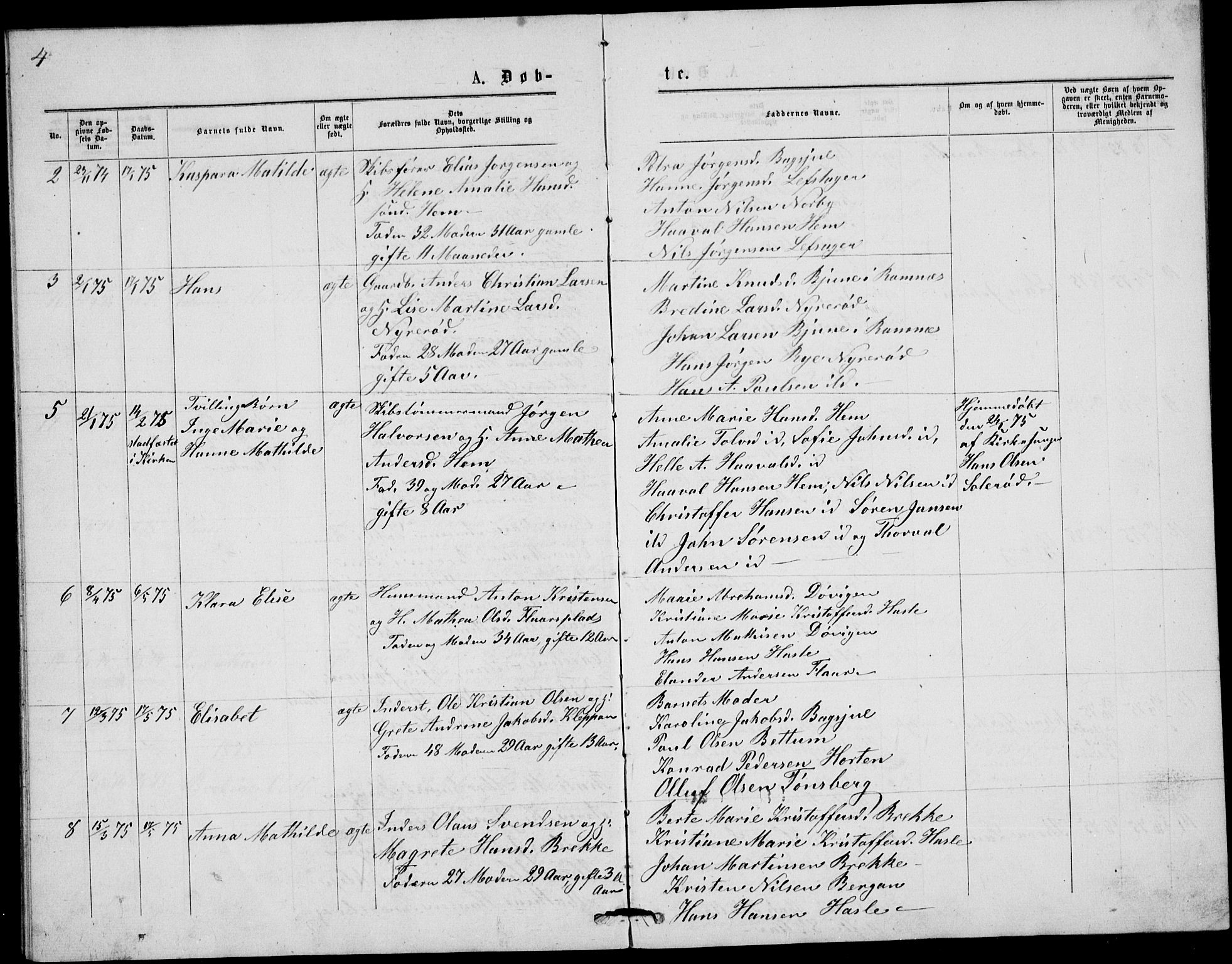 Våle kirkebøker, AV/SAKO-A-334/G/Gb/L0001: Parish register (copy) no. II 1, 1874-1891, p. 4