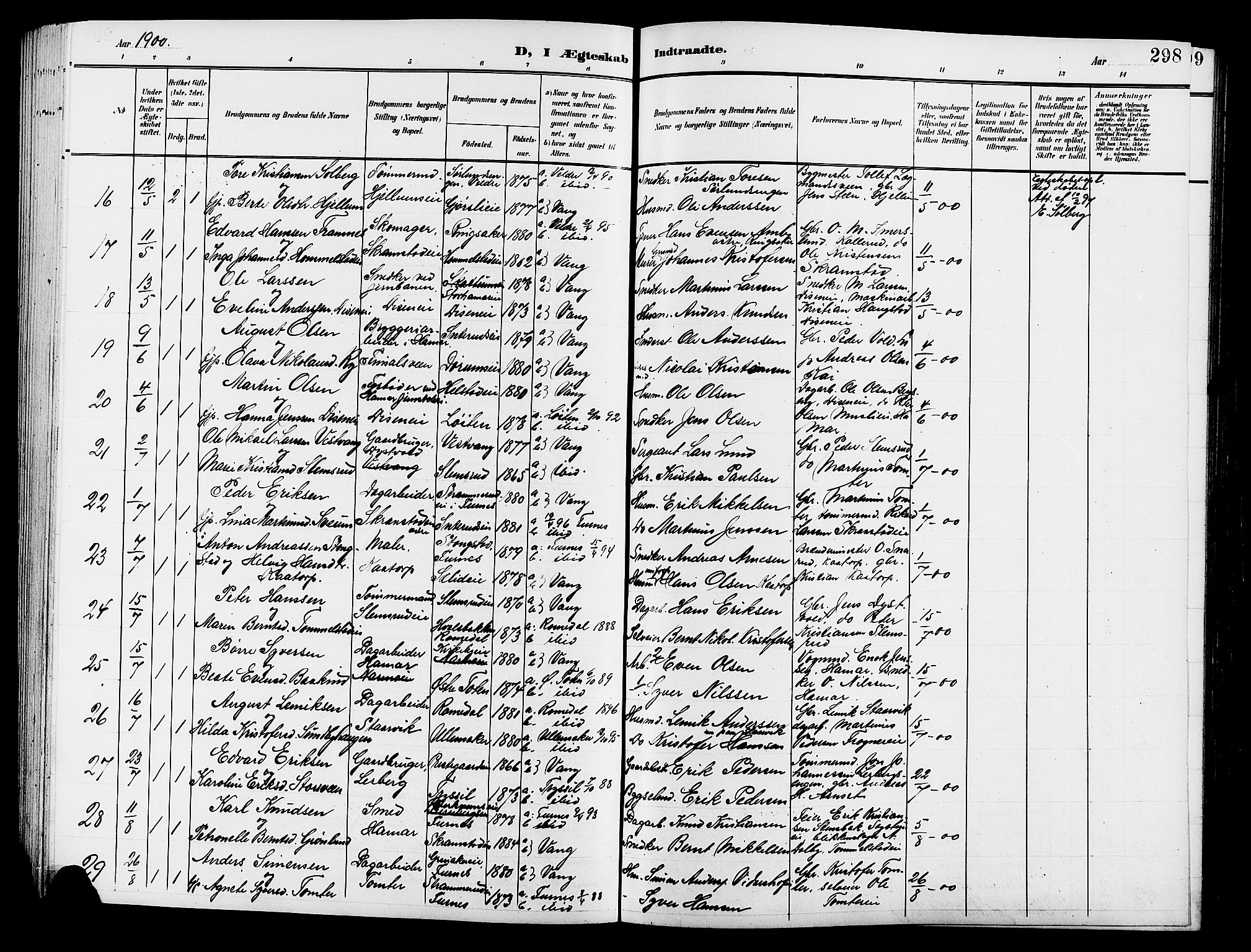 Vang prestekontor, Hedmark, AV/SAH-PREST-008/H/Ha/Hab/L0014: Parish register (copy) no. 14, 1896-1914, p. 298