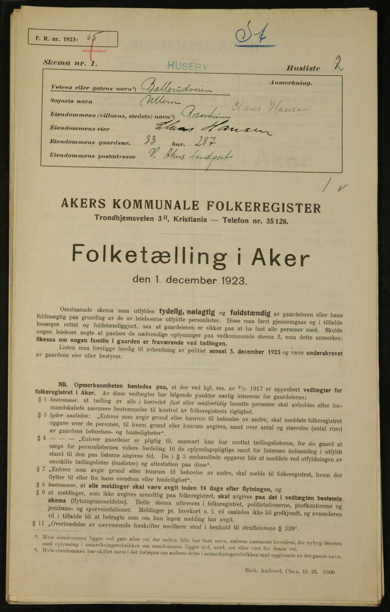 , Municipal Census 1923 for Aker, 1923, p. 335