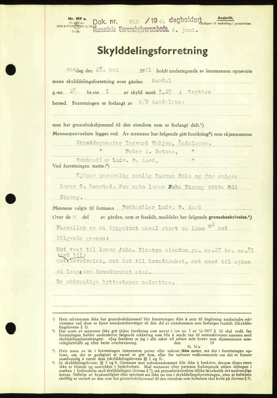 Romsdal sorenskriveri, AV/SAT-A-4149/1/2/2C: Mortgage book no. A10, 1941-1941, Diary no: : 913/1941