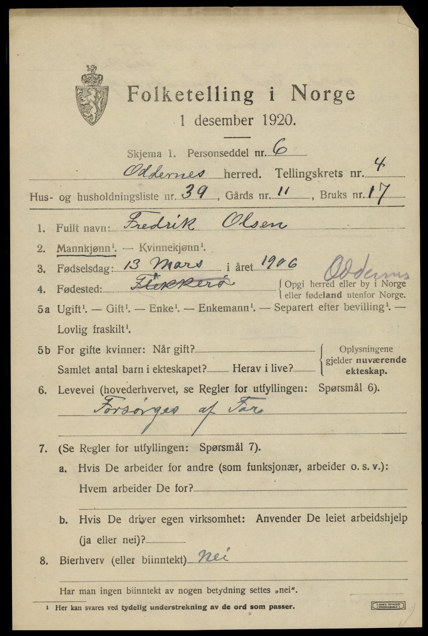 SAK, 1920 census for Oddernes, 1920, p. 4427