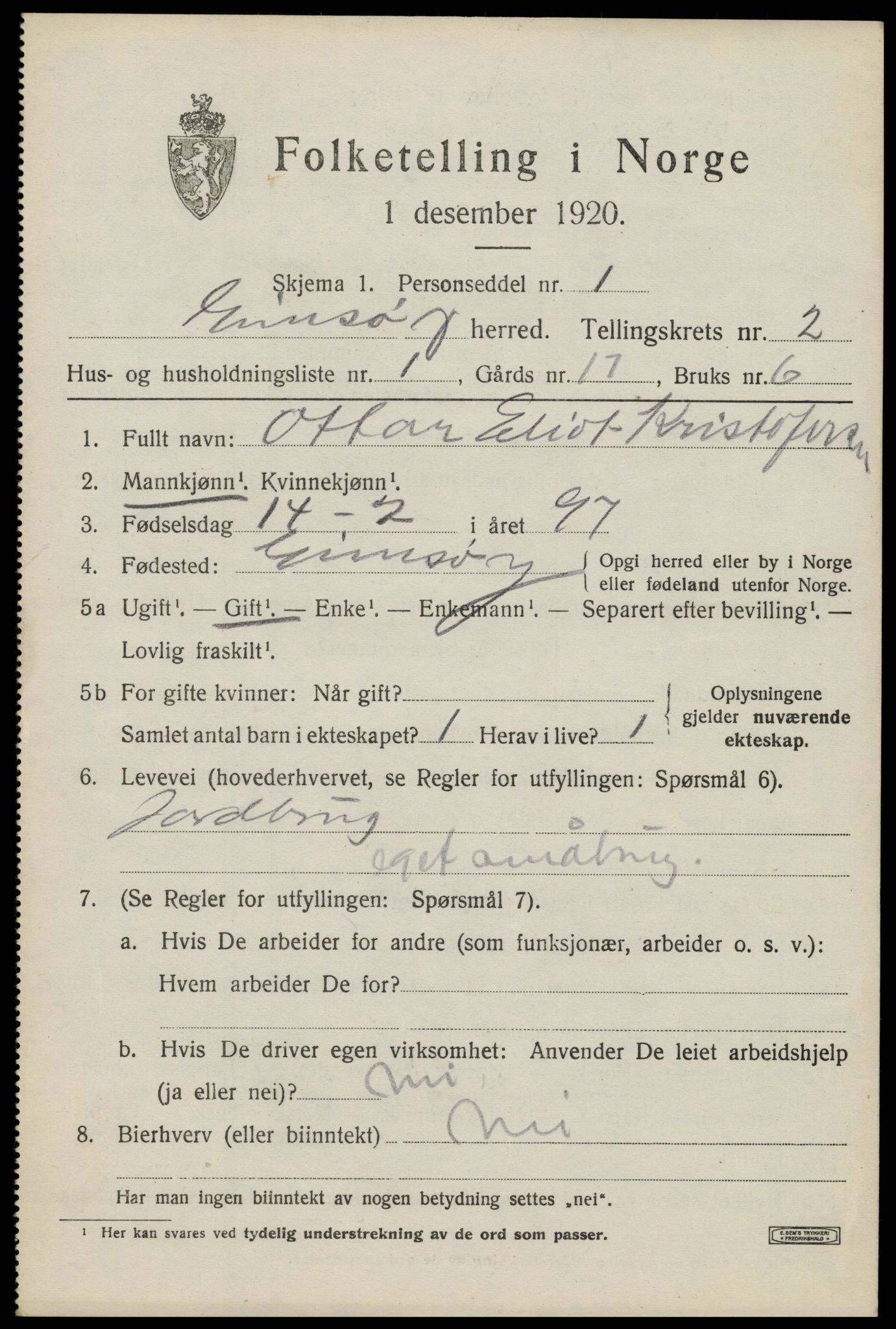 SAT, 1920 census for Gimsøy, 1920, p. 1291