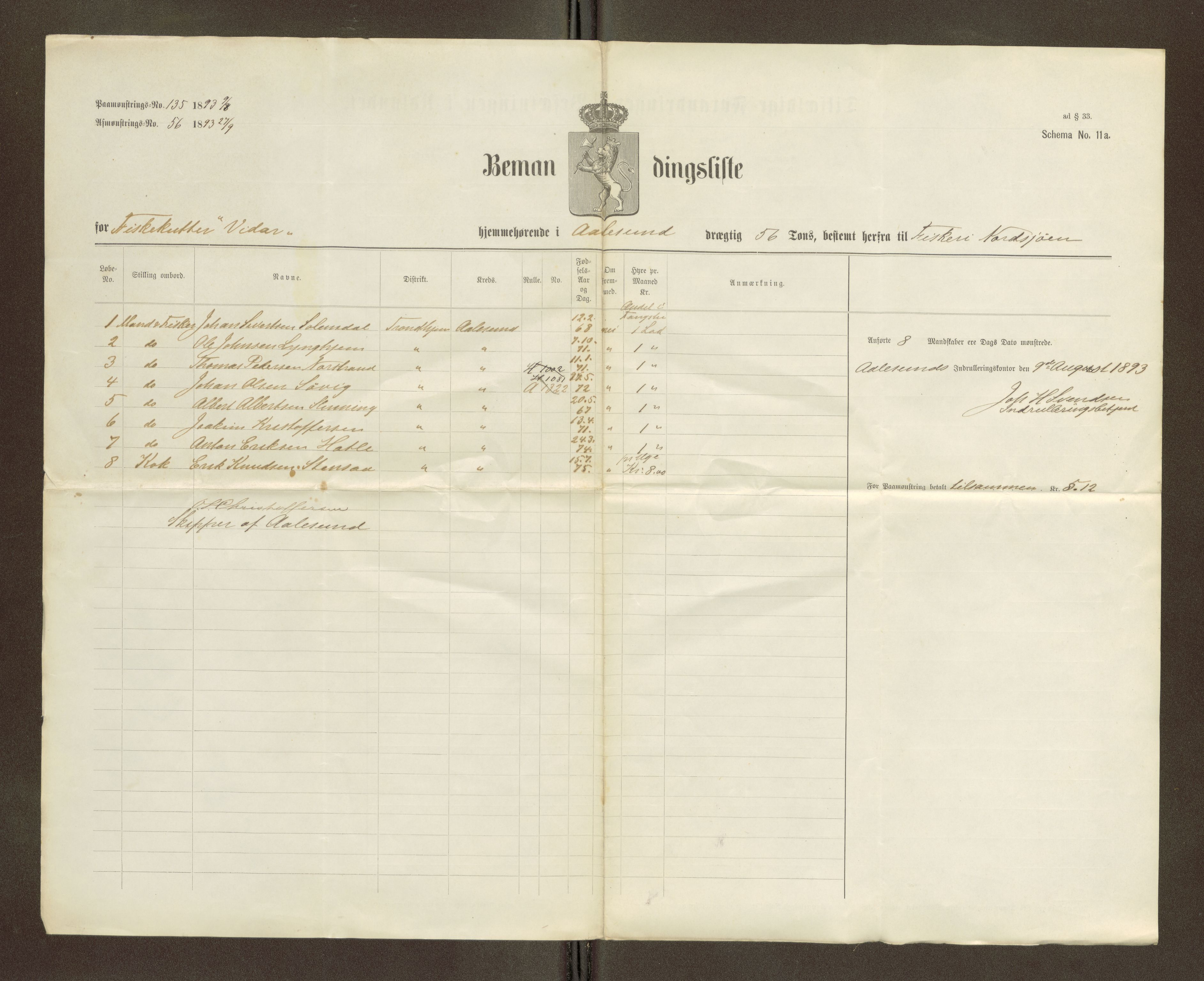 Sjøinnrulleringen - Trondhjemske distrikt, AV/SAT-A-5121/01/L0274: Bemannings og mønstringslister for Ålesund krets, 1893-1894, p. 2