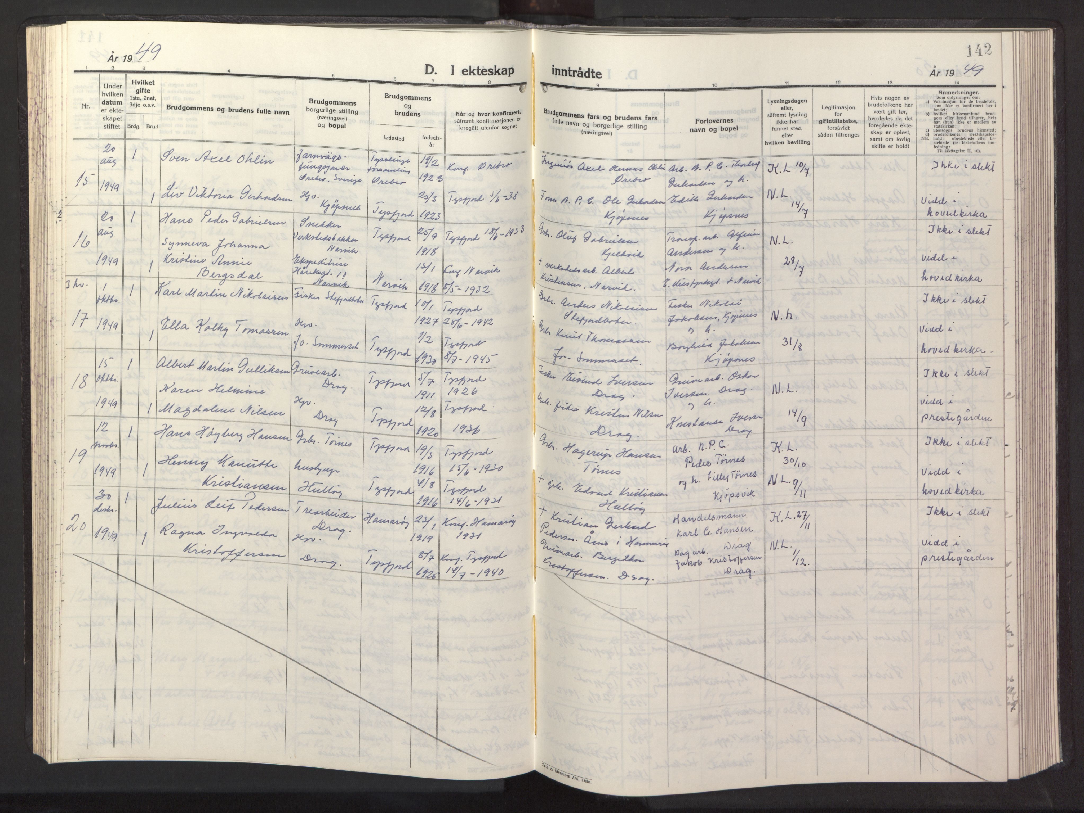 Ministerialprotokoller, klokkerbøker og fødselsregistre - Nordland, AV/SAT-A-1459/861/L0882: Parish register (copy) no. 861C08, 1945-1950, p. 142