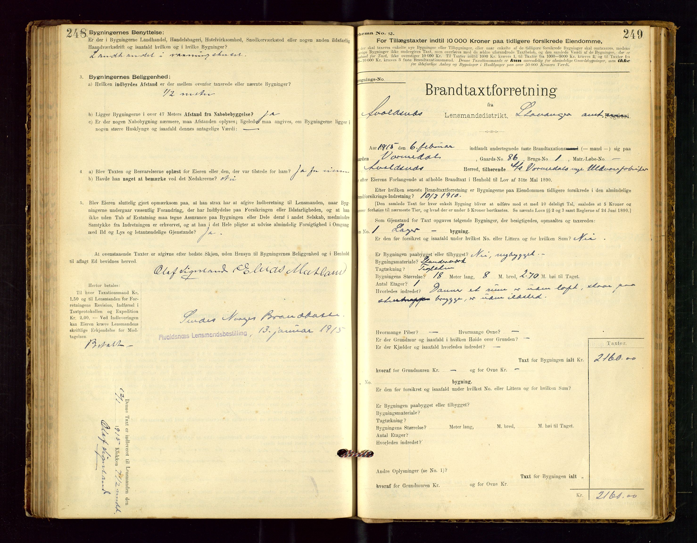 Avaldsnes lensmannskontor, SAST/A-100286/Gob/L0001: "Brandtaxationsprotokol for Avaldsnes Lensmandsdistrikt Ryfylke Fogderi", 1894-1925, p. 248-249