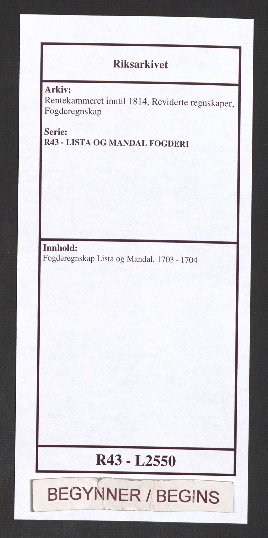 Rentekammeret inntil 1814, Reviderte regnskaper, Fogderegnskap, AV/RA-EA-4092/R43/L2550: Fogderegnskap Lista og Mandal, 1703-1704, p. 1