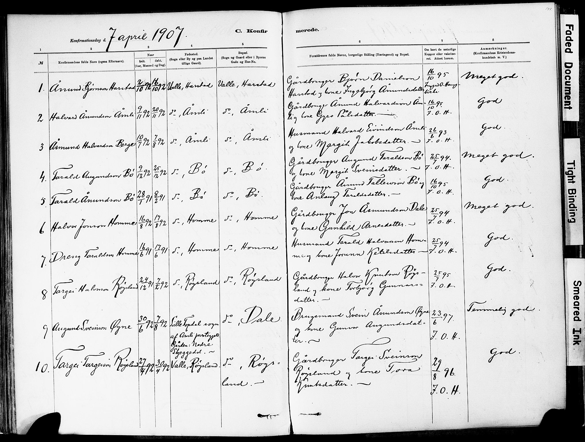 Valle sokneprestkontor, AV/SAK-1111-0044/F/Fa/Fac/L0009: Parish register (official) no. A 9, 1882-1913, p. 155