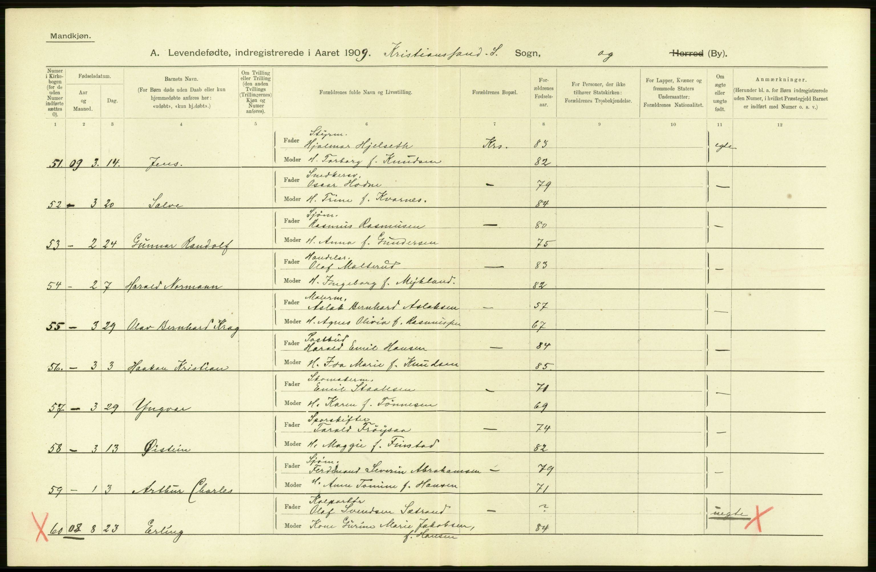 Statistisk sentralbyrå, Sosiodemografiske emner, Befolkning, AV/RA-S-2228/D/Df/Dfa/Dfag/L0023: Lister og Mandals amt: Levendefødte menn og kvinner. Bygder og byer., 1909, p. 54