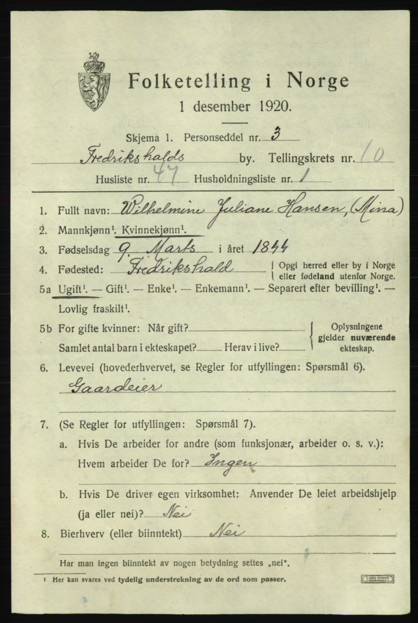 SAO, 1920 census for Fredrikshald, 1920, p. 18717