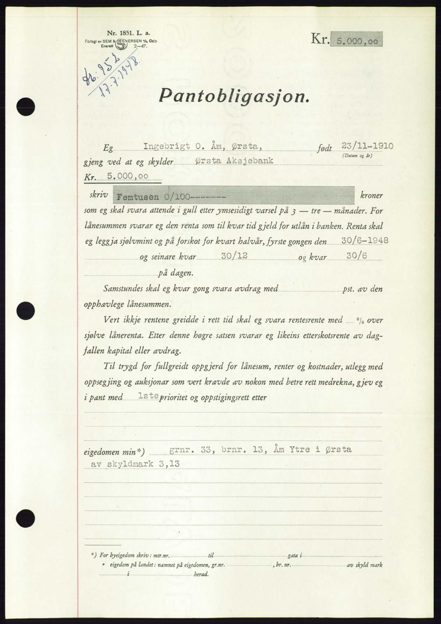 Søre Sunnmøre sorenskriveri, AV/SAT-A-4122/1/2/2C/L0116: Mortgage book no. 4B, 1948-1949, Diary no: : 952/1948