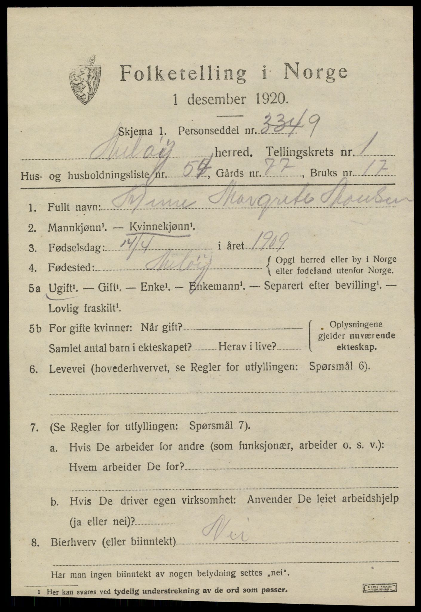 SAT, 1920 census for Meløy, 1920, p. 2123