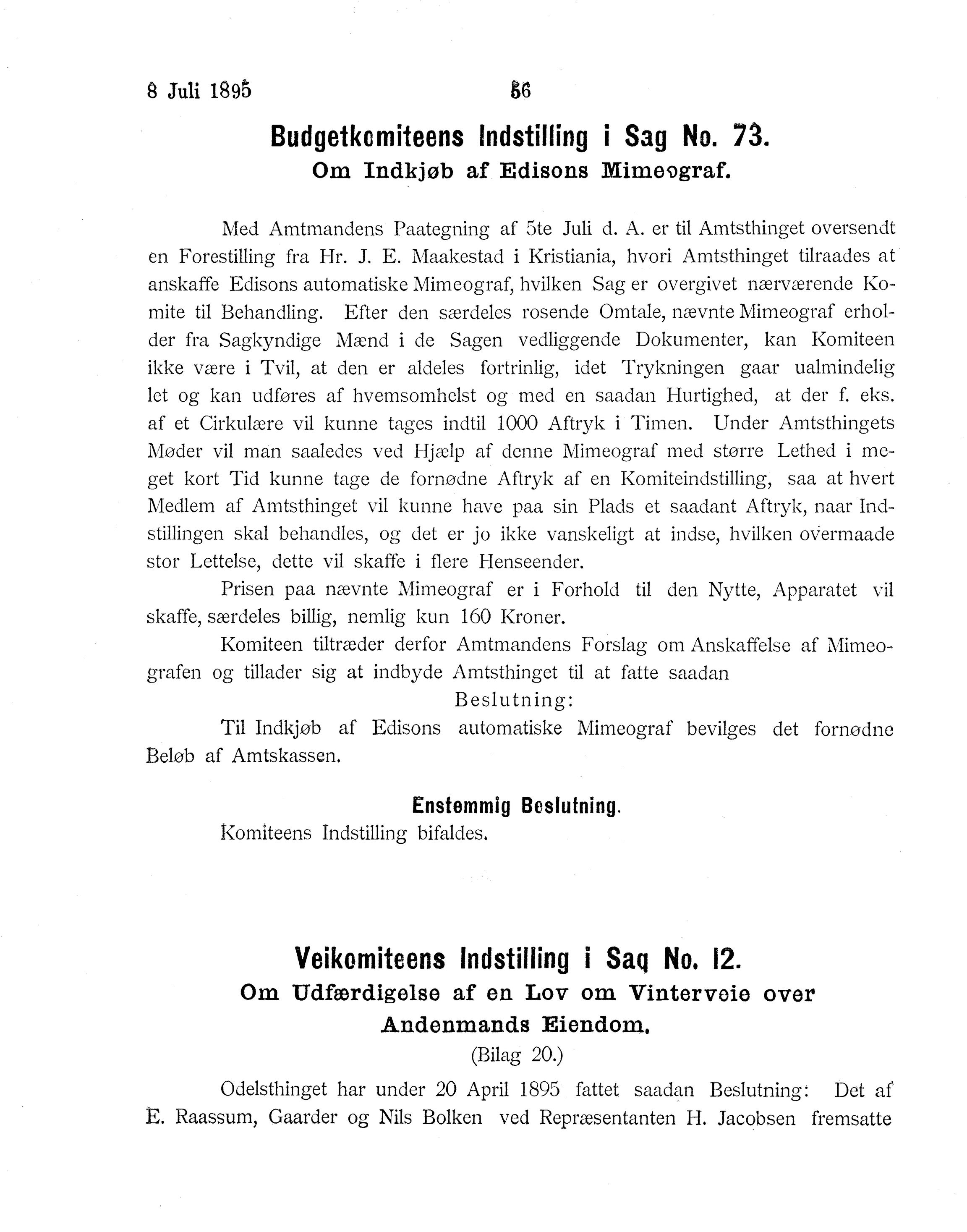 Nordland Fylkeskommune. Fylkestinget, AIN/NFK-17/176/A/Ac/L0018: Fylkestingsforhandlinger 1895, 1895