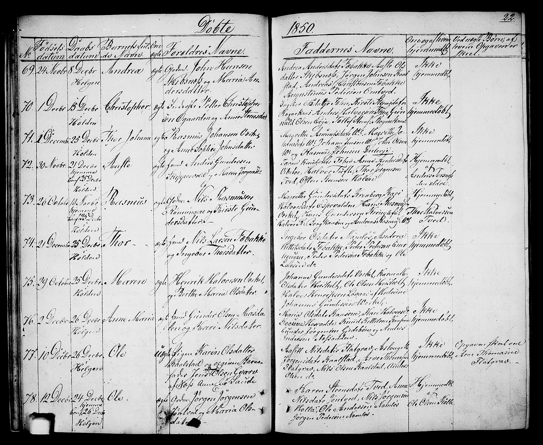 Holla kirkebøker, SAKO/A-272/G/Ga/L0003: Parish register (copy) no. I 3, 1849-1866, p. 22