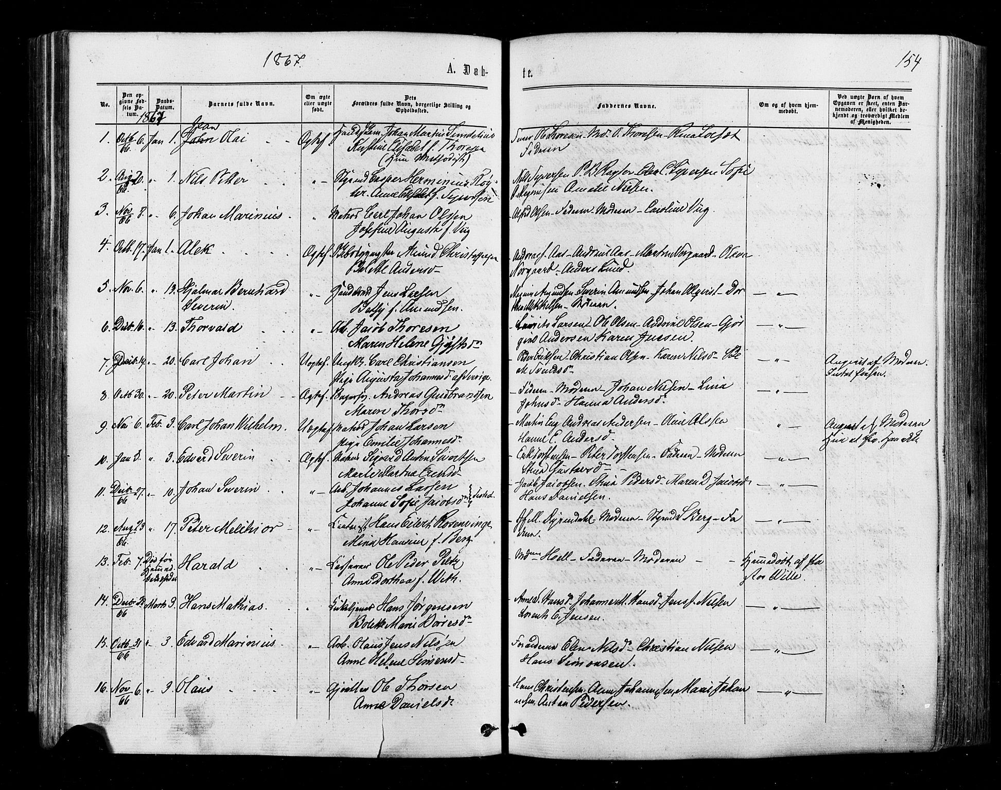 Halden prestekontor Kirkebøker, SAO/A-10909/F/Fa/L0009: Parish register (official) no. I 9, 1866-1877, p. 154