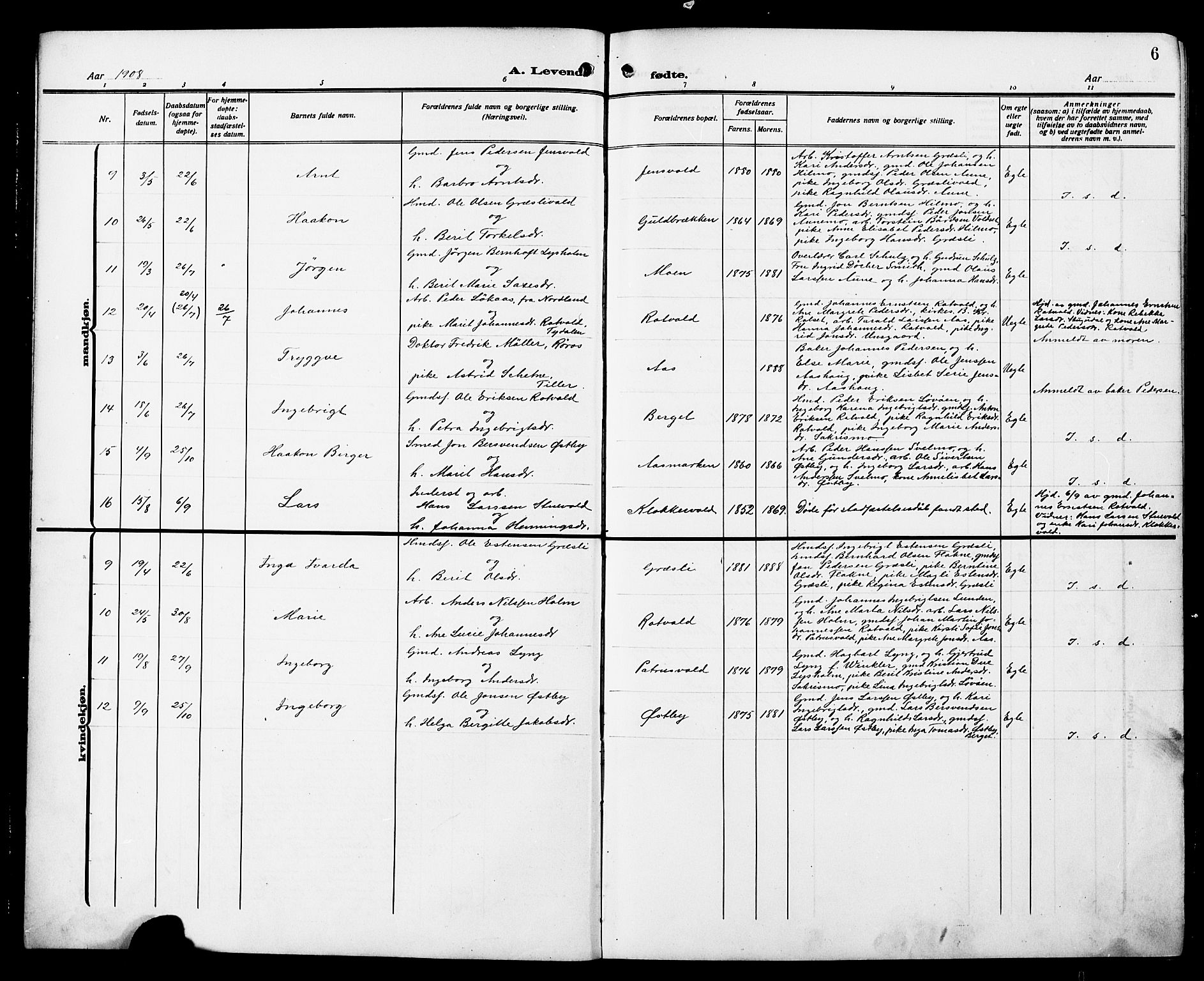 Ministerialprotokoller, klokkerbøker og fødselsregistre - Sør-Trøndelag, SAT/A-1456/698/L1168: Parish register (copy) no. 698C05, 1908-1930, p. 6