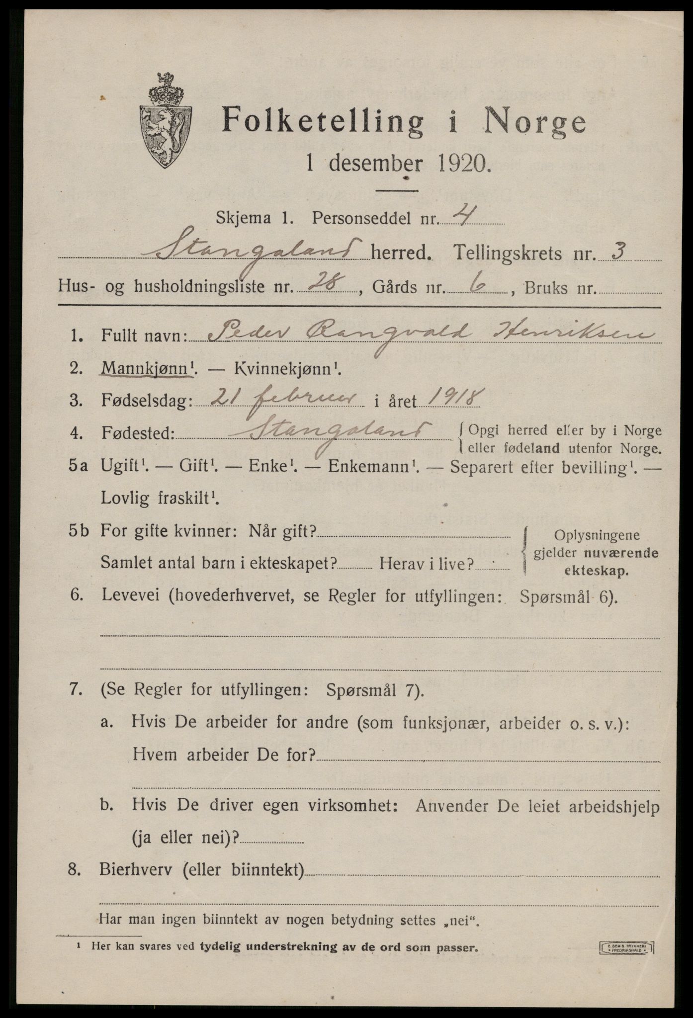 SAST, 1920 census for Stangaland, 1920, p. 2587