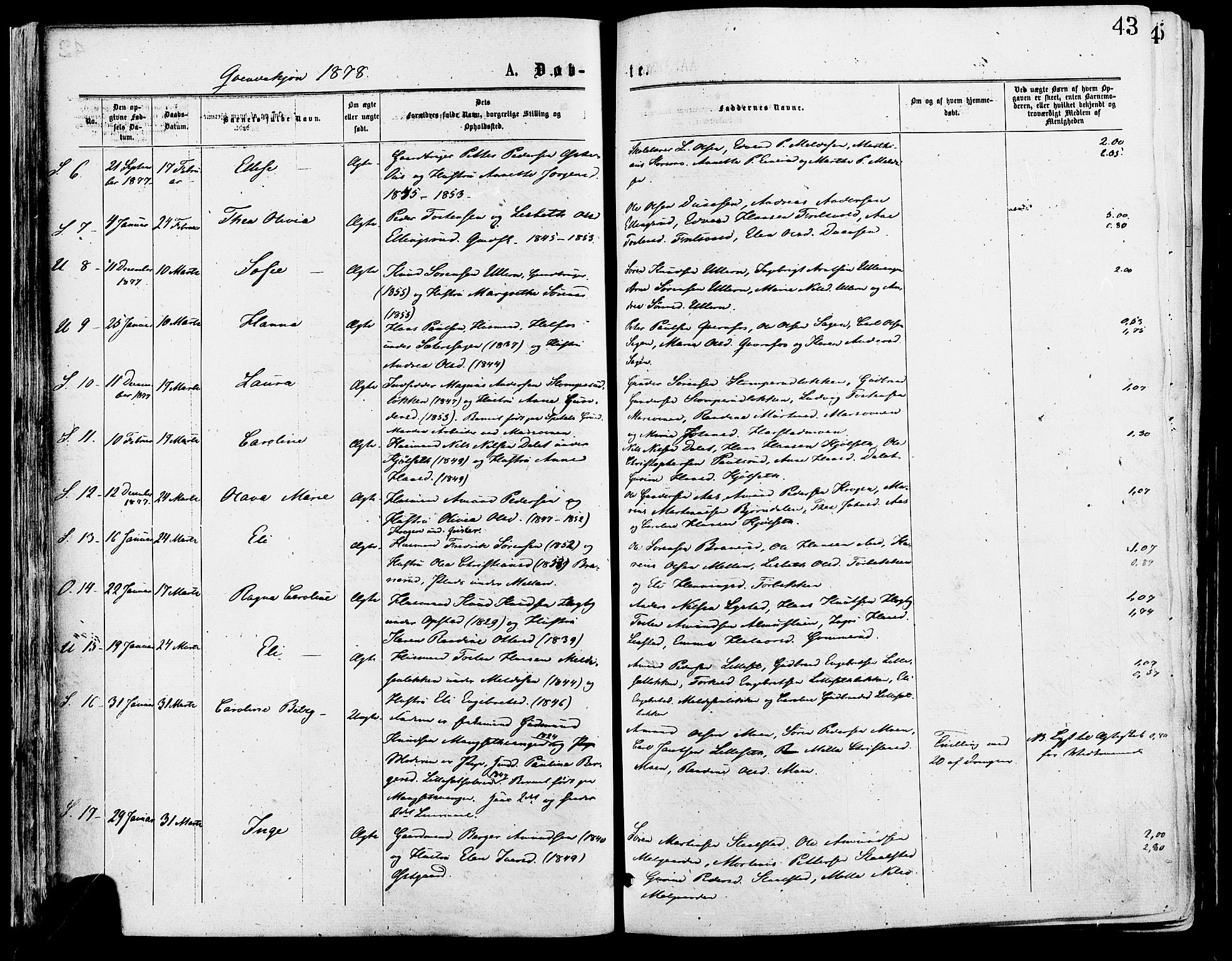 Sør-Odal prestekontor, SAH/PREST-030/H/Ha/Haa/L0005: Parish register (official) no. 5, 1876-1885, p. 43