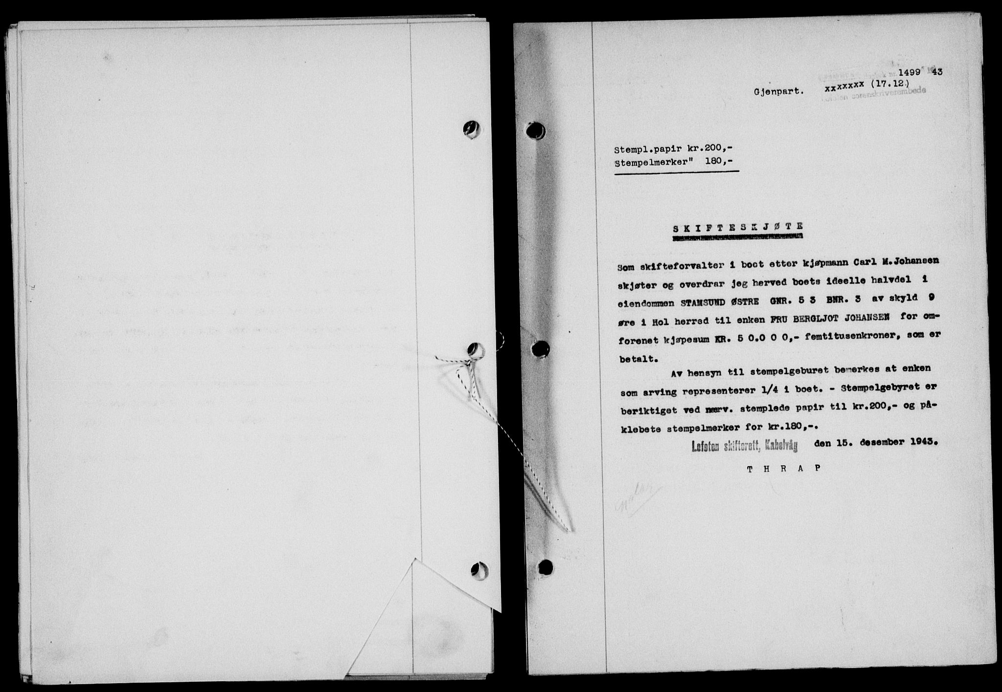 Lofoten sorenskriveri, SAT/A-0017/1/2/2C/L0012a: Mortgage book no. 12a, 1943-1944, Diary no: : 1499/1943