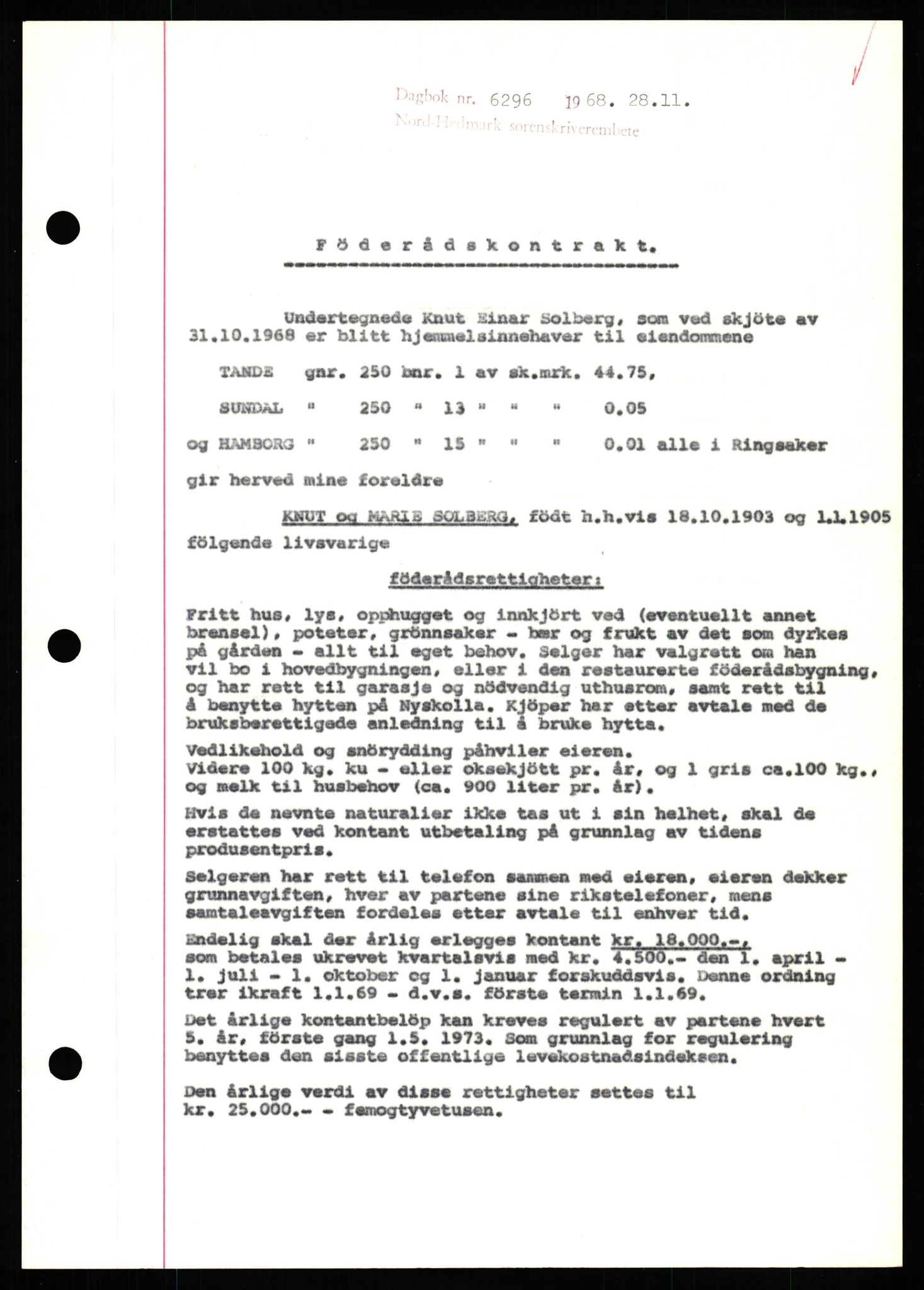 Nord-Hedmark sorenskriveri, SAH/TING-012/H/Hb/Hbf/L0077: Mortgage book no. B77, 1968-1969, Diary no: : 6296/1968