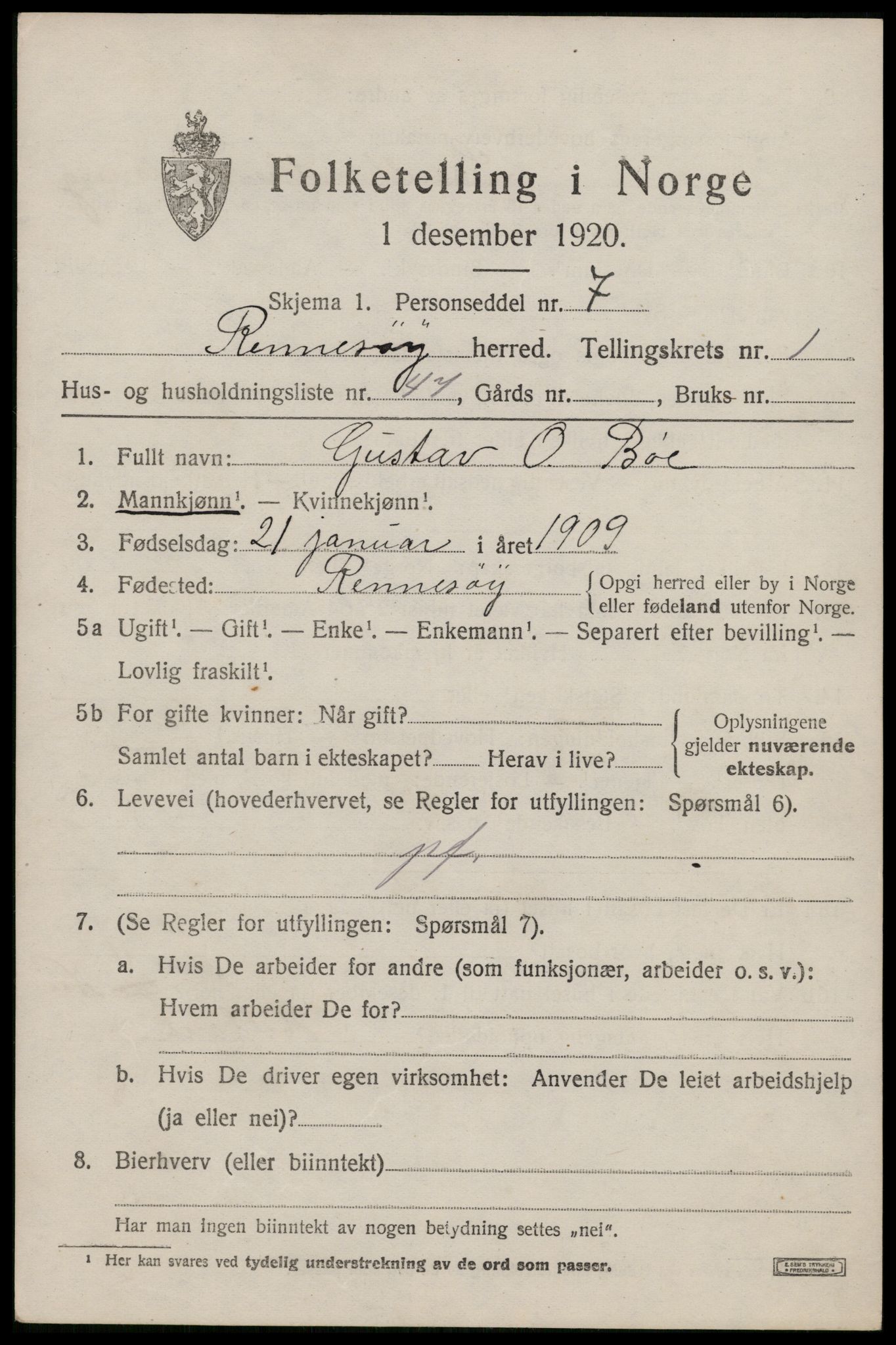 SAST, 1920 census for Rennesøy, 1920, p. 1006