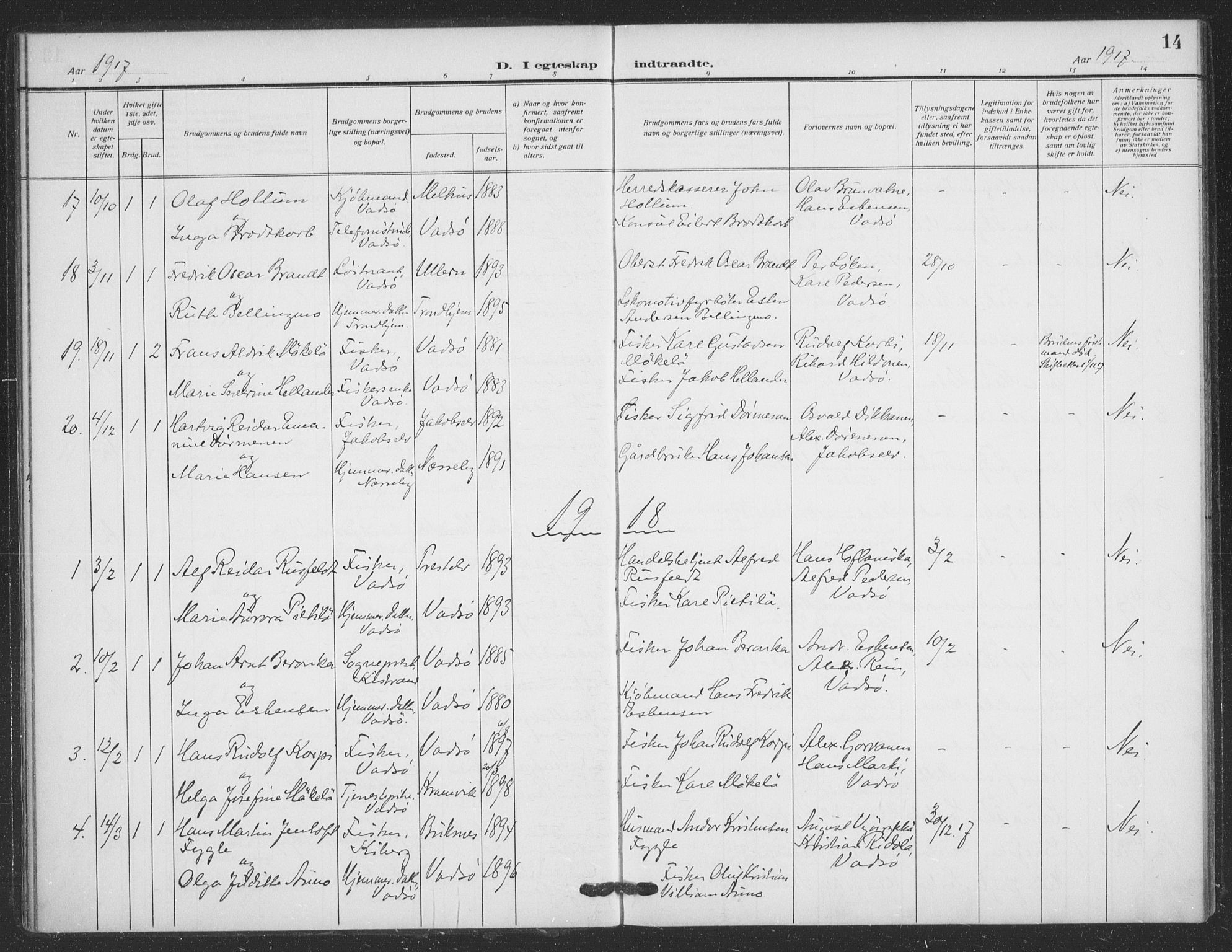 Vadsø sokneprestkontor, SATØ/S-1325/H/Ha/L0008kirke: Parish register (official) no. 8, 1912-1930, p. 14