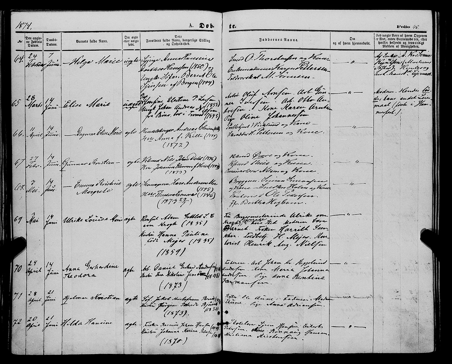 Tromsø sokneprestkontor/stiftsprosti/domprosti, SATØ/S-1343/G/Ga/L0013kirke: Parish register (official) no. 13, 1872-1877, p. 45
