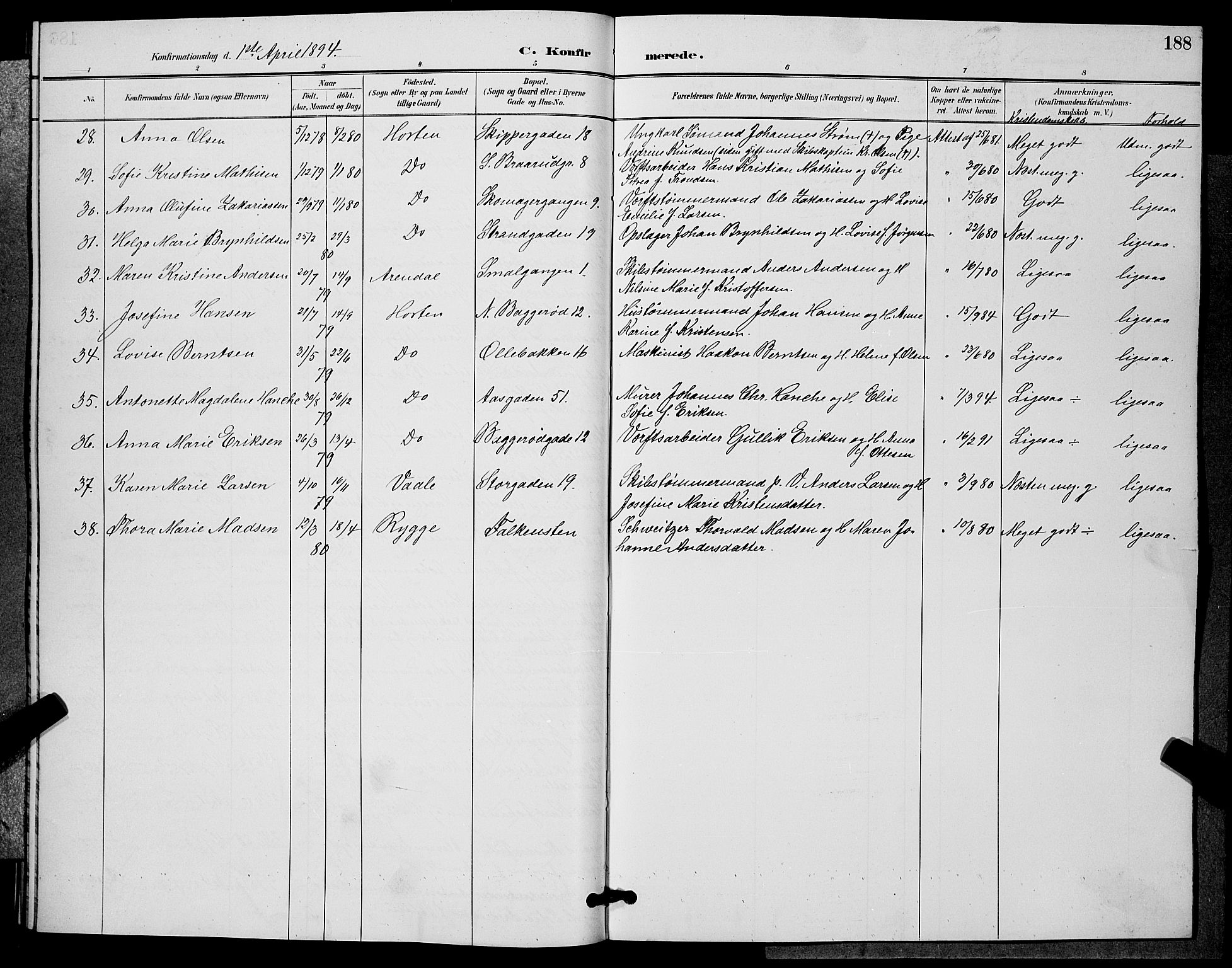 Horten kirkebøker, AV/SAKO-A-348/G/Ga/L0005: Parish register (copy) no. 5, 1888-1895, p. 188